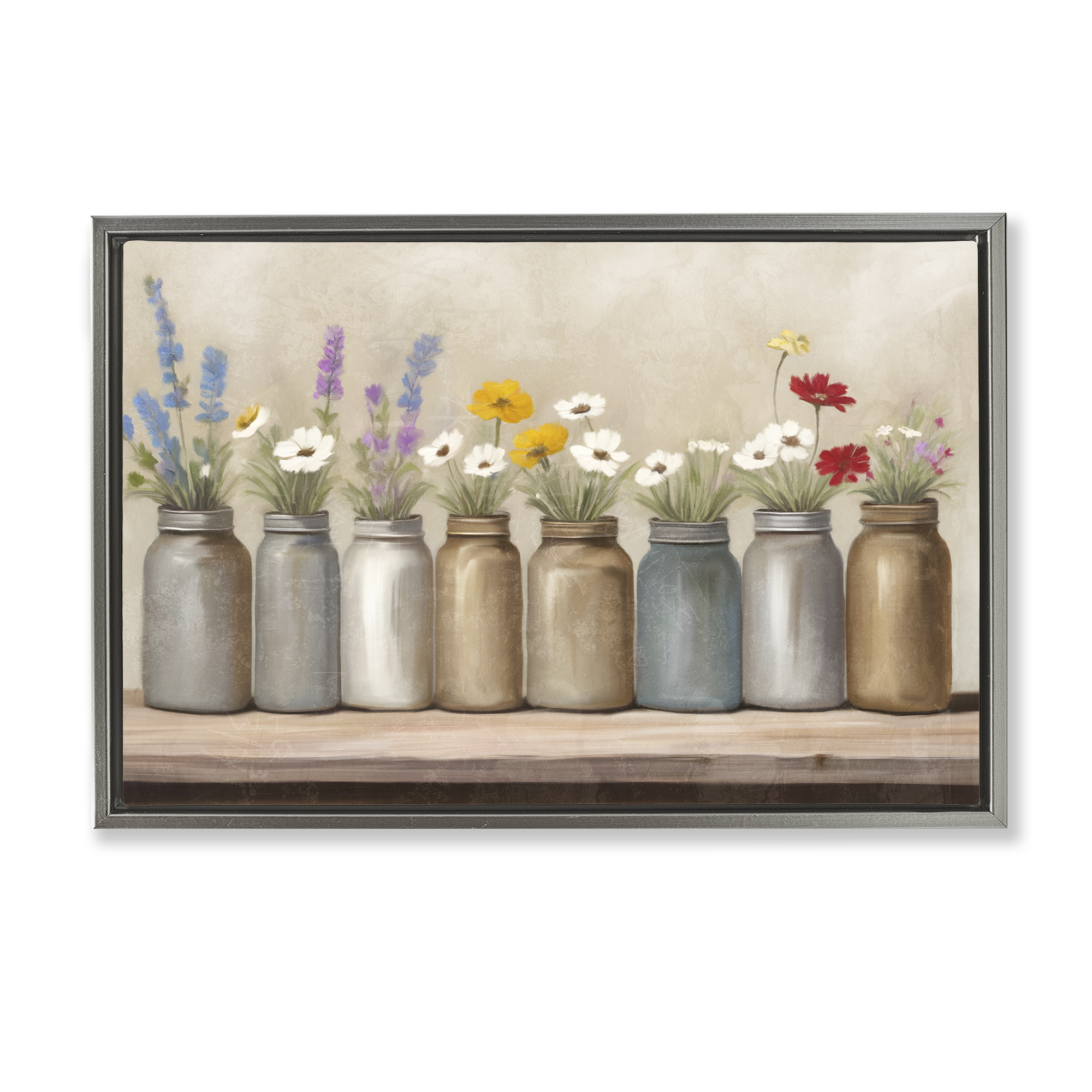 Stupell Industries Jars with Wildflowers Plants & Flowers Painting Gray Floater Framed Canvas Art Print Wall Art, 25 x 17