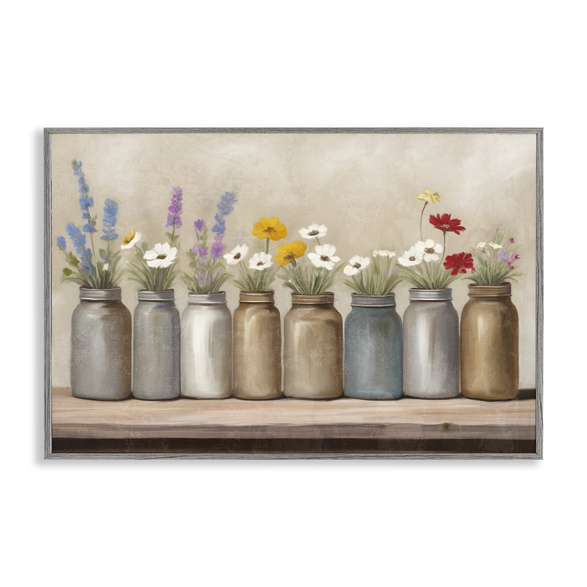 Stupell Industries Jars with Wildflowers Plants & Flowers Painting Gray Framed Art Print Wall Art, 30 x 20