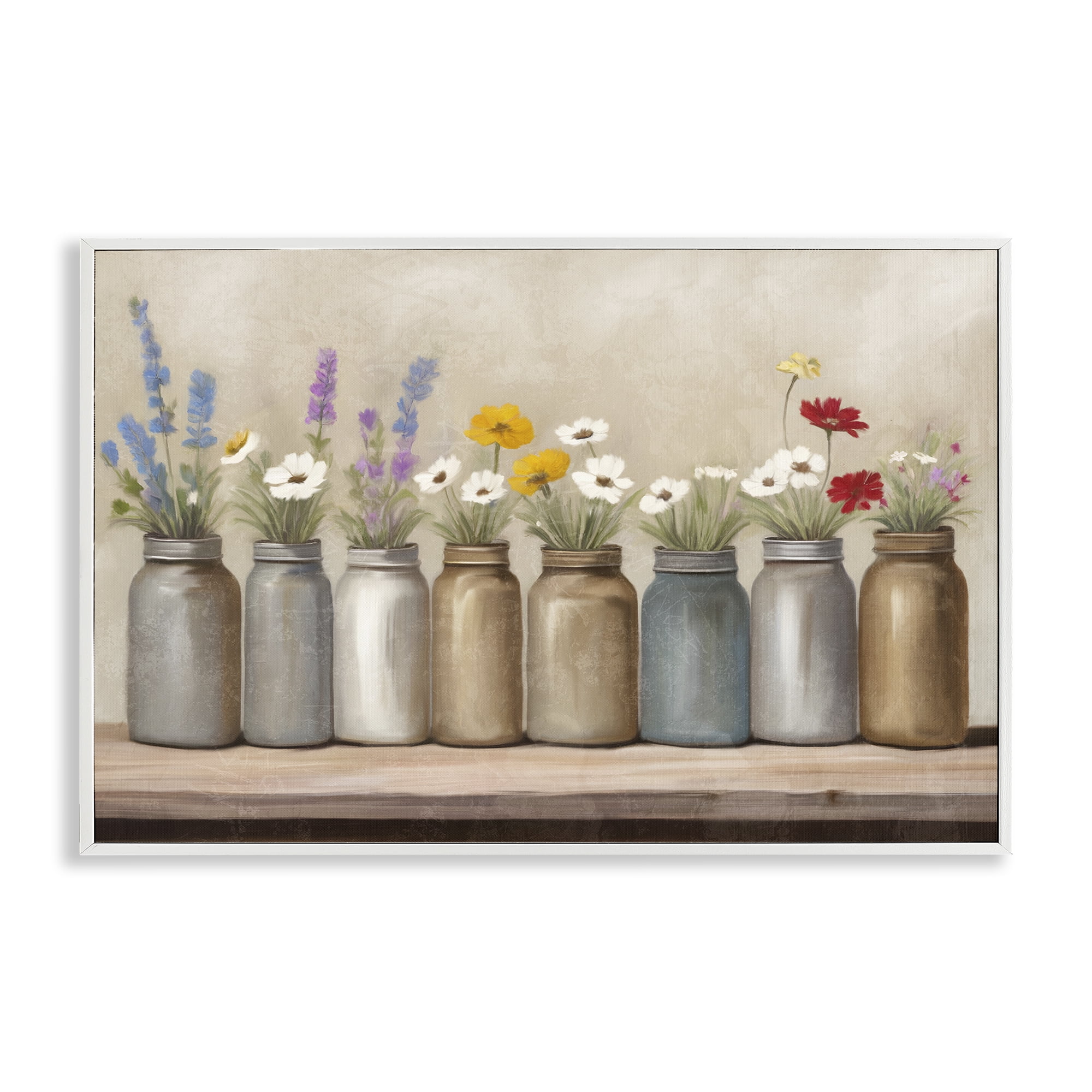 Stupell Industries Jars with Wildflowers Plants & Flowers Painting White Framed Art Print Wall Art, 18 x 12
