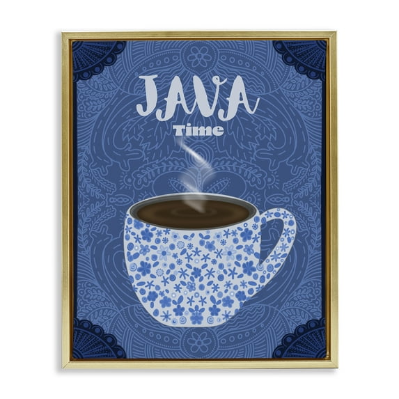 Stupell Industries Java Time Blue Coffee Mug Gold Framed Floater Canvas Wall Art design by Lori Mosley, 31 x 25
