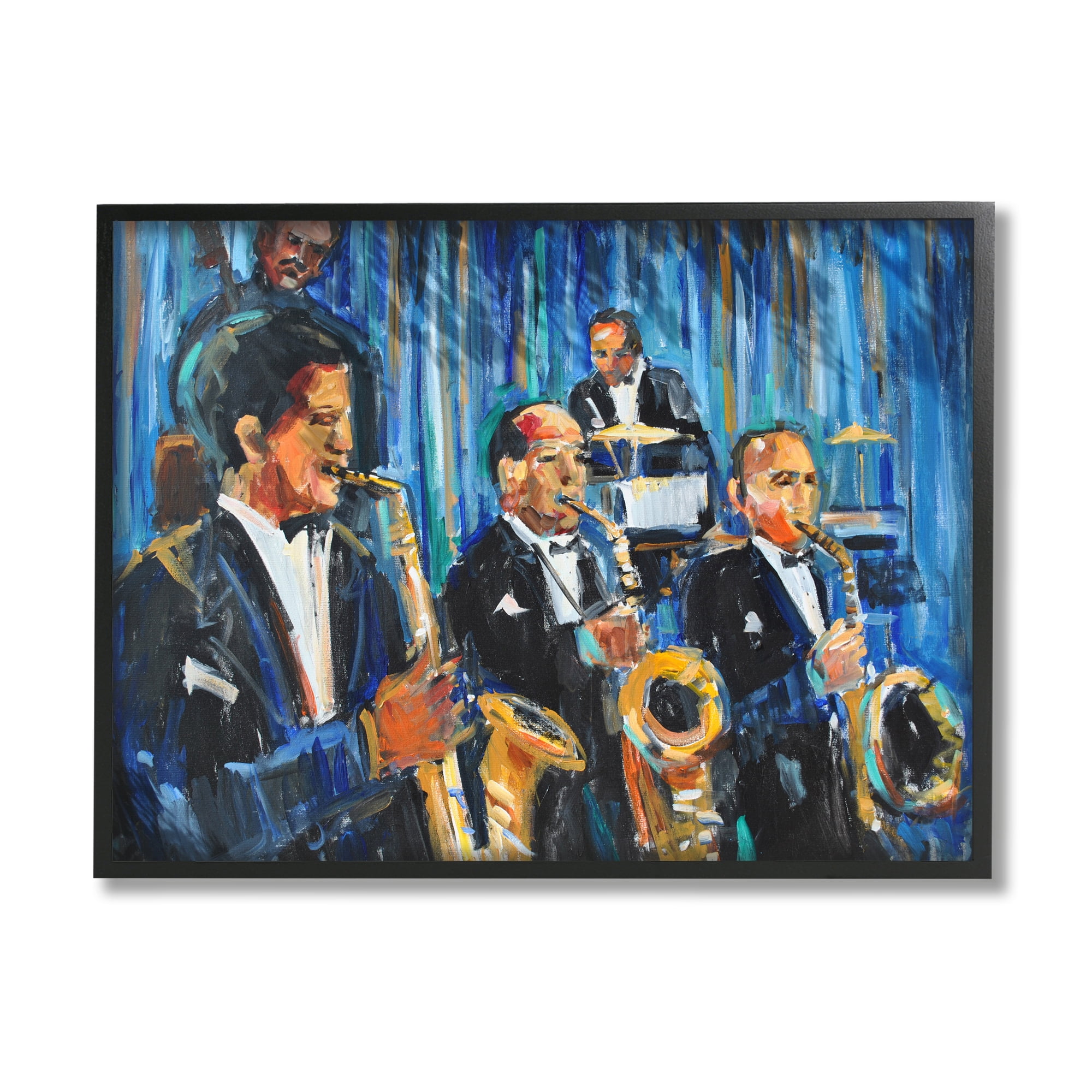 Stupell Industries Jazz Saxophone Trio Expressive Quintet Musicians Beauty & Fashion Painting Black Framed Art Print Wall Art, 24 x 30