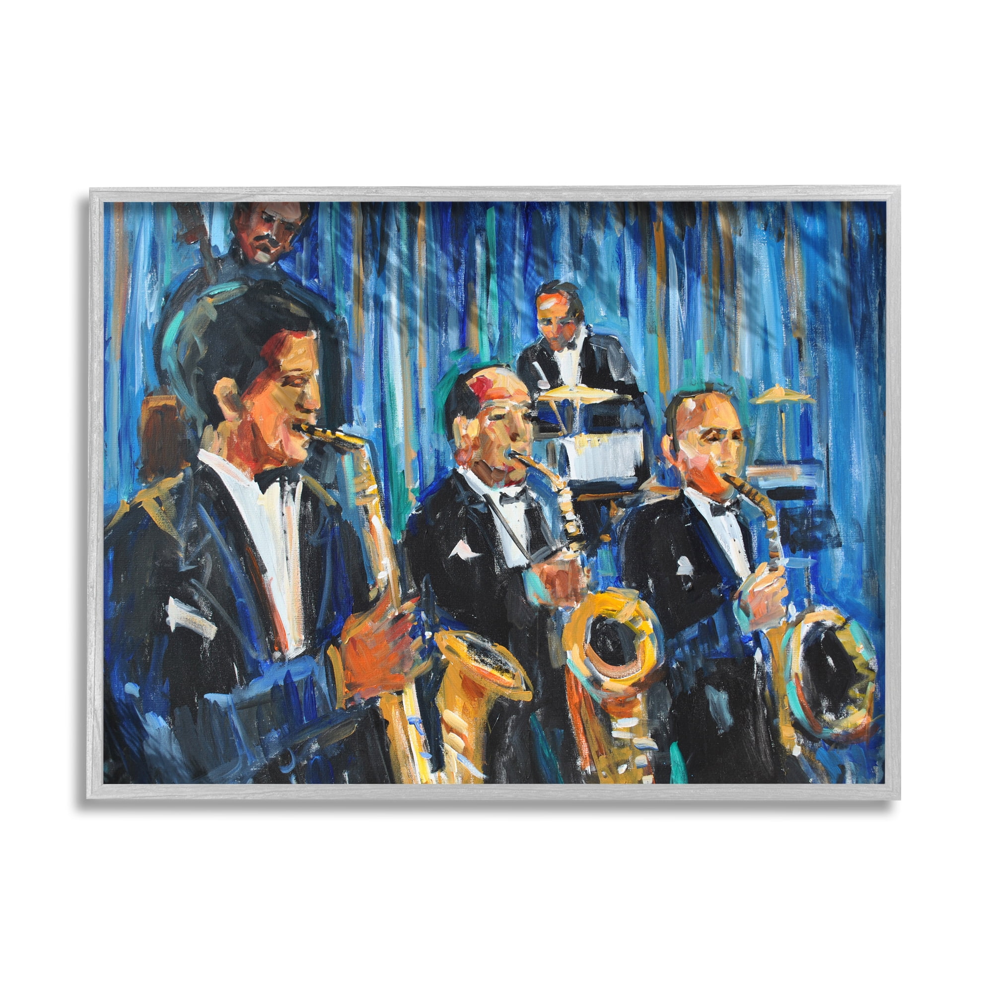 Stupell Industries Jazz Saxophone Trio Expressive Quintet Musicians Beauty & Fashion Painting Gray Framed Art Print Wall Art, 11 x 14