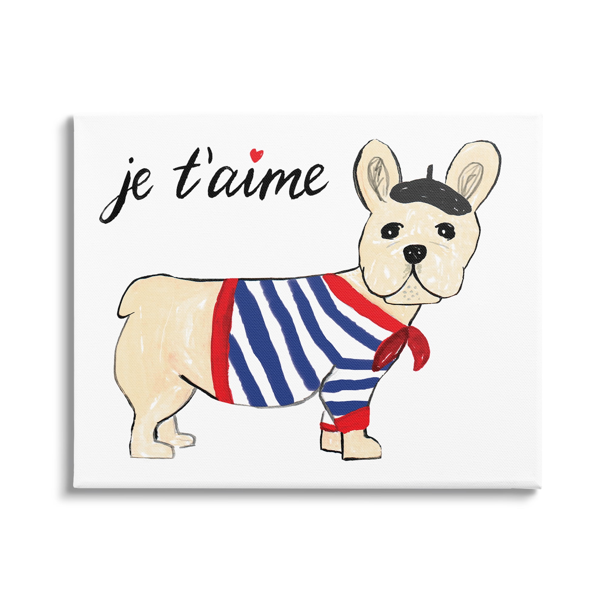 Stupell Industries Je T'aime French Dog Wearing Beret Drawing Kids Painting Gallery-Wrapped Canvas Print Wall Art, 48 x 36, Design by Heather Strianese