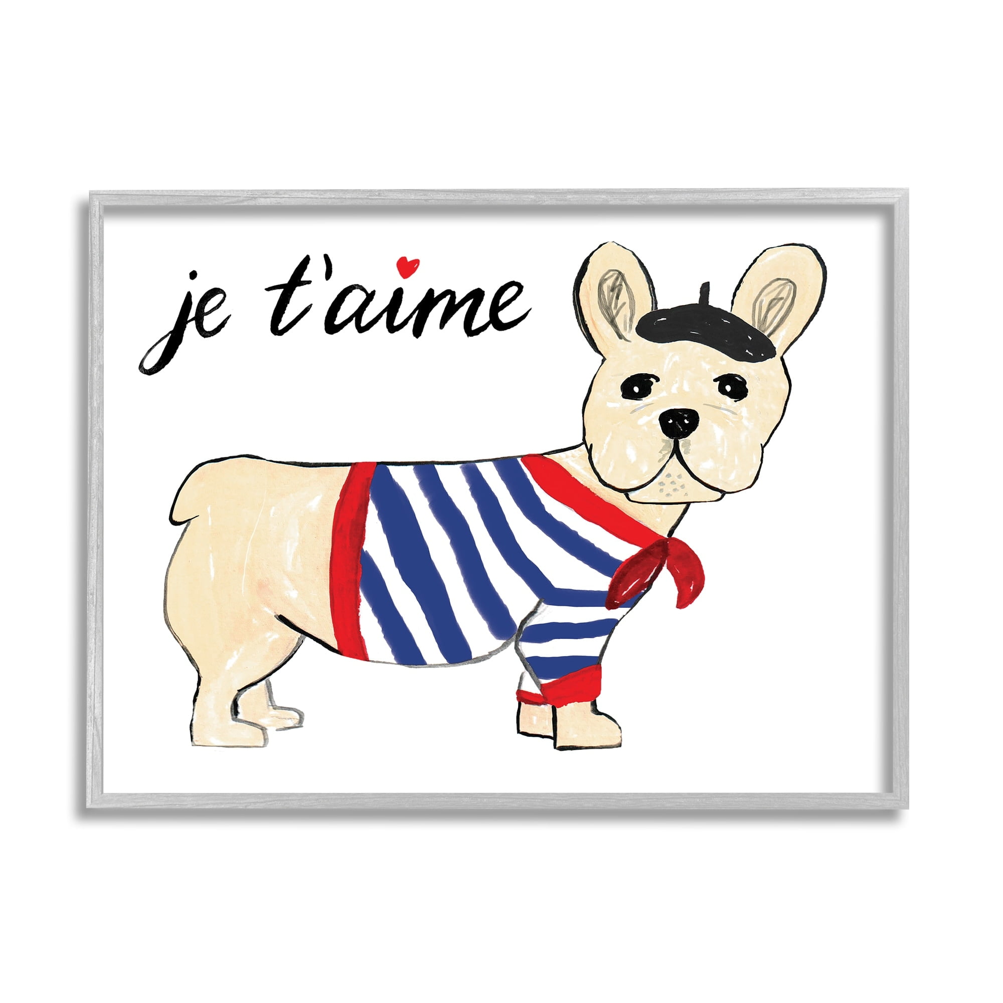 Stupell Industries Je T'aime French Dog Wearing Beret Drawing Paintings Gray Framed Art Print Wall Art, 30x24, by Heather Strianese