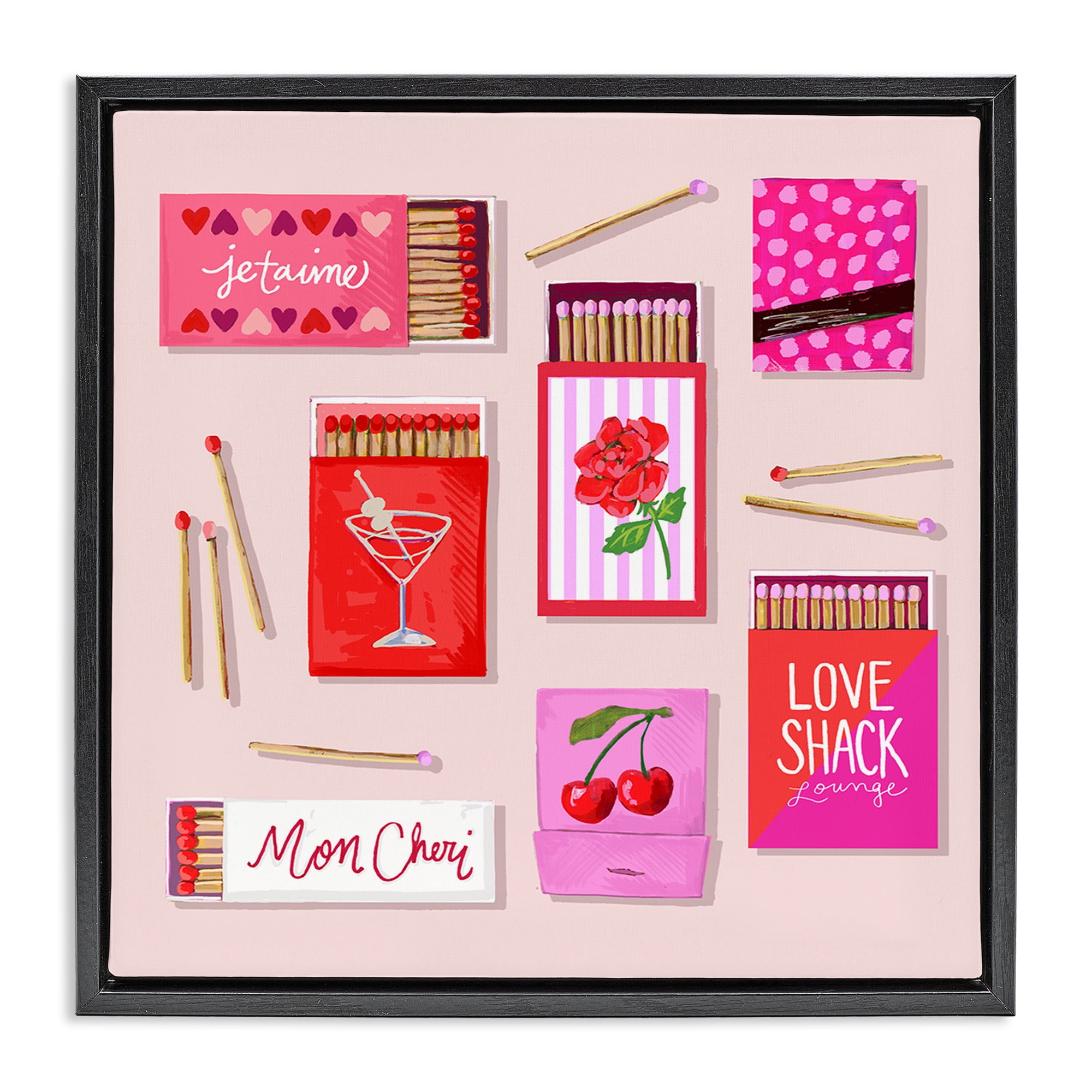 Stupell Industries Je T'aime Romantic Matchbox Set Black Framed Floater Canvas Wall Art, design by Rachael Reese