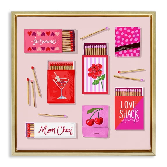Stupell Industries Contemporary Je T'aime Romantic Matchbox Set Gold Floating Frame Canvas Art, 25 x 25, by Rachael Reese