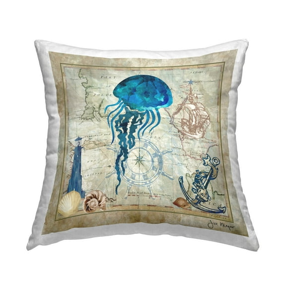 Stupell Industries Jellyfish & Maritime Map Decorative Printed Throw Pillow Design by Jill Meyer