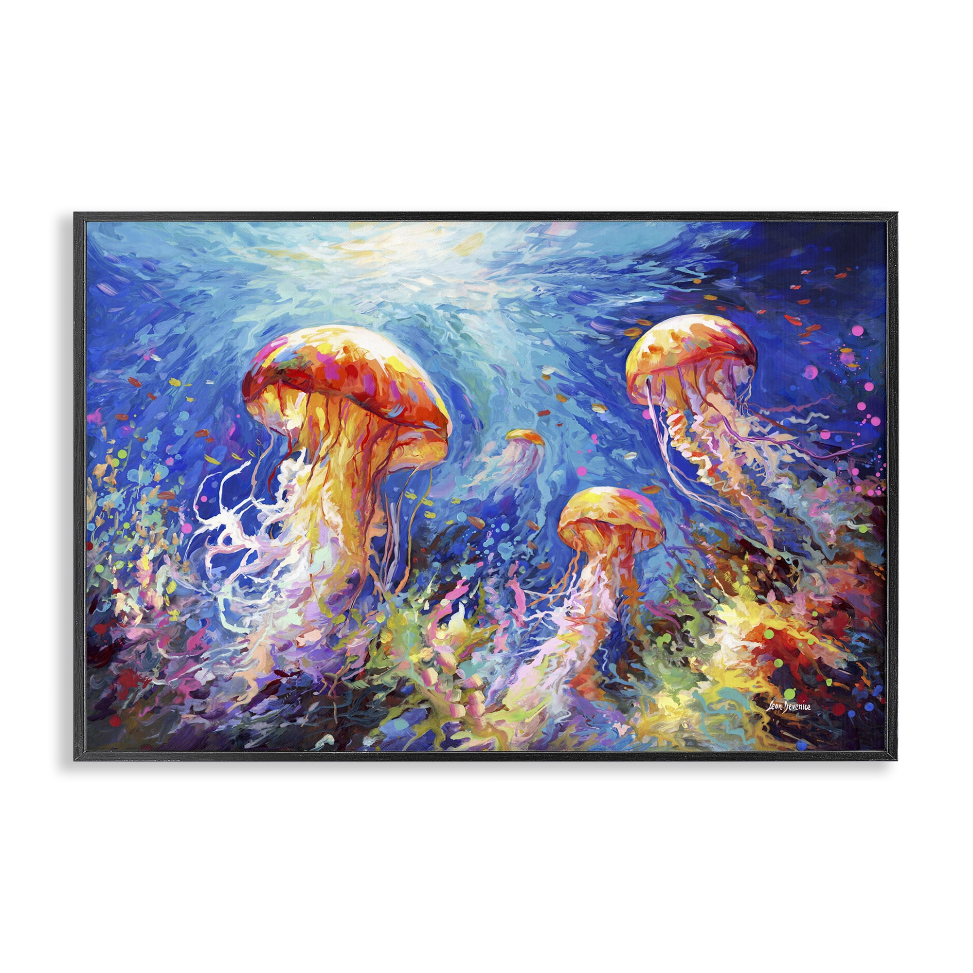 Stupell Industries Jellyfish Serenade Underwater Animals & Insects Painting Black Framed Art Print Wall Art, 30 x 20