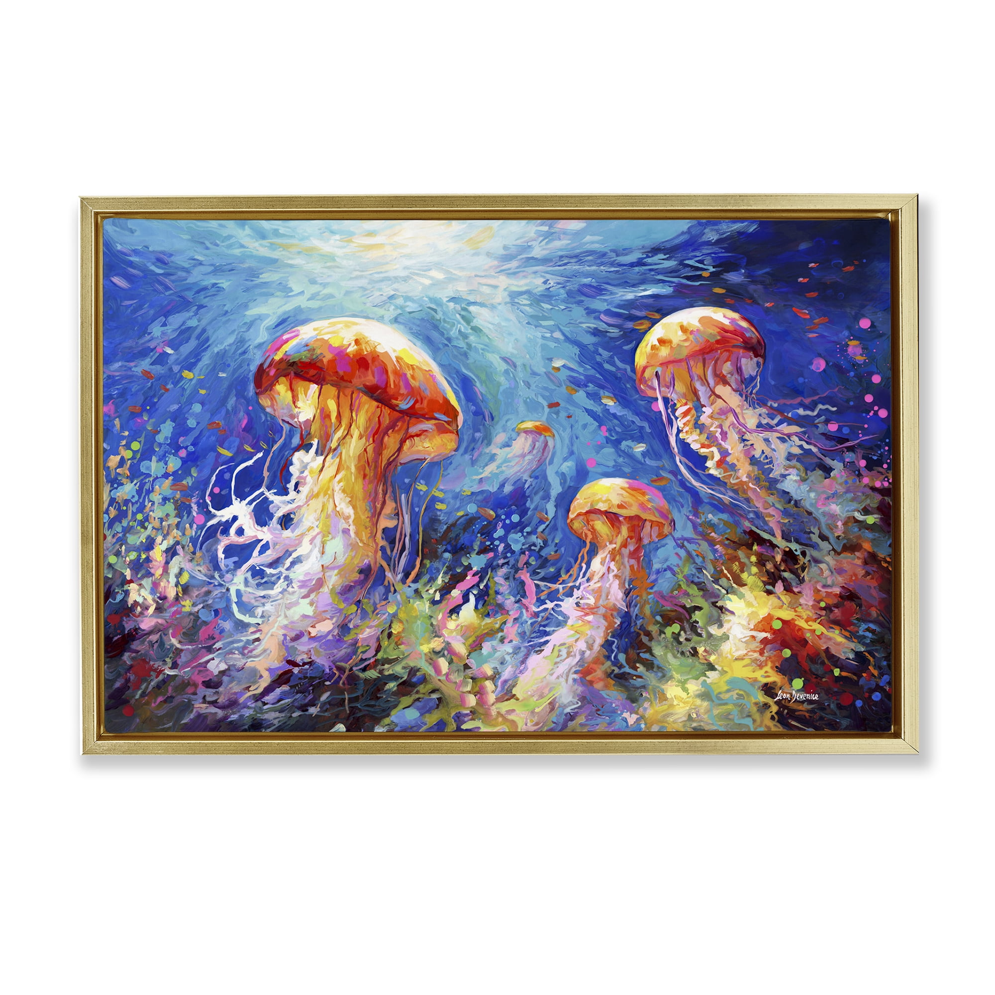 Stupell Industries Jellyfish Serenade Underwater Animals & Insects Painting Gold Floater Framed Canvas Art Print Wall Art, 25 x 17
