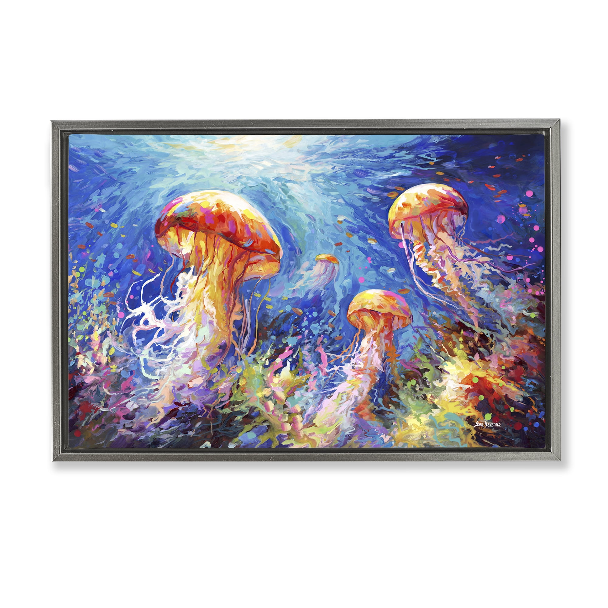 Stupell Industries Jellyfish Serenade Underwater Animals & Insects Painting Gray Floater Framed Canvas Art Print Wall Art, 25 x 17