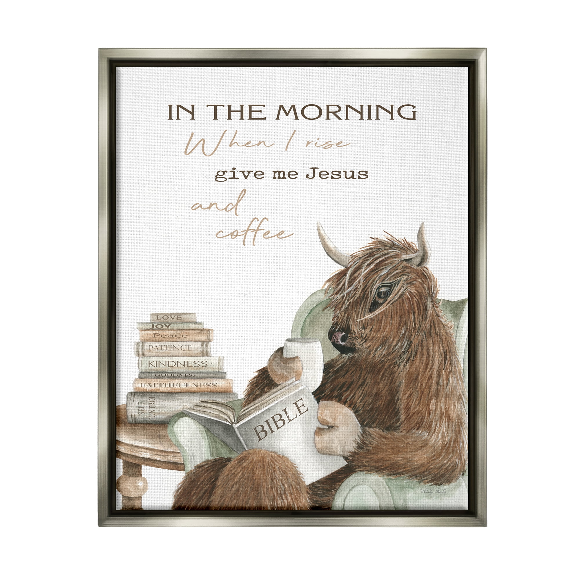 Stupell Industries Jesus & Coffee Cattle Phrase Animals & Insects Painting Gray Floater Framed Art Print Wall Art, 25 x 31