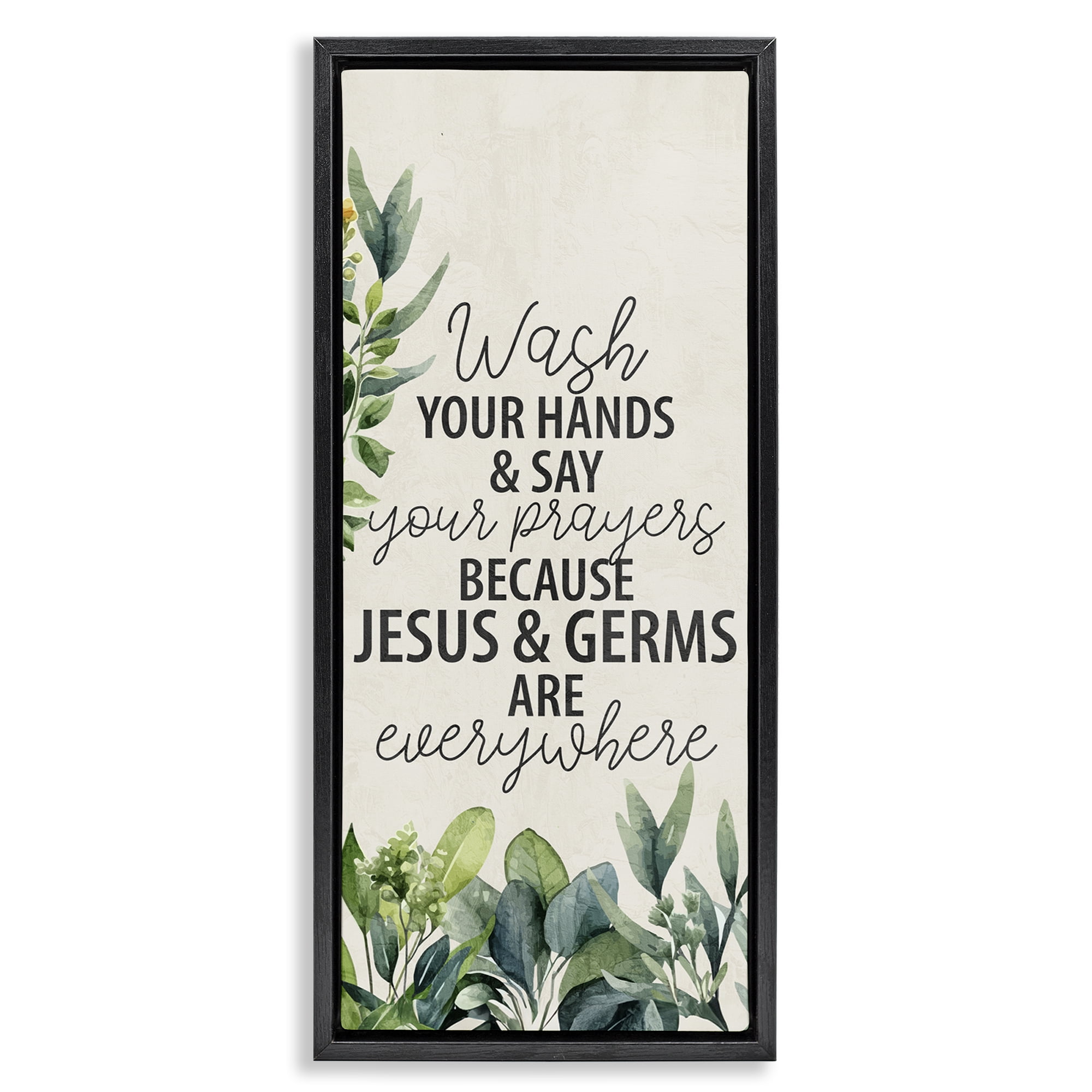 Stupell Industries Jesus & Germs Hygiene Bath & Laundry Painting Black Floater Framed Canvas Art Print Wall Art, 14 x 31