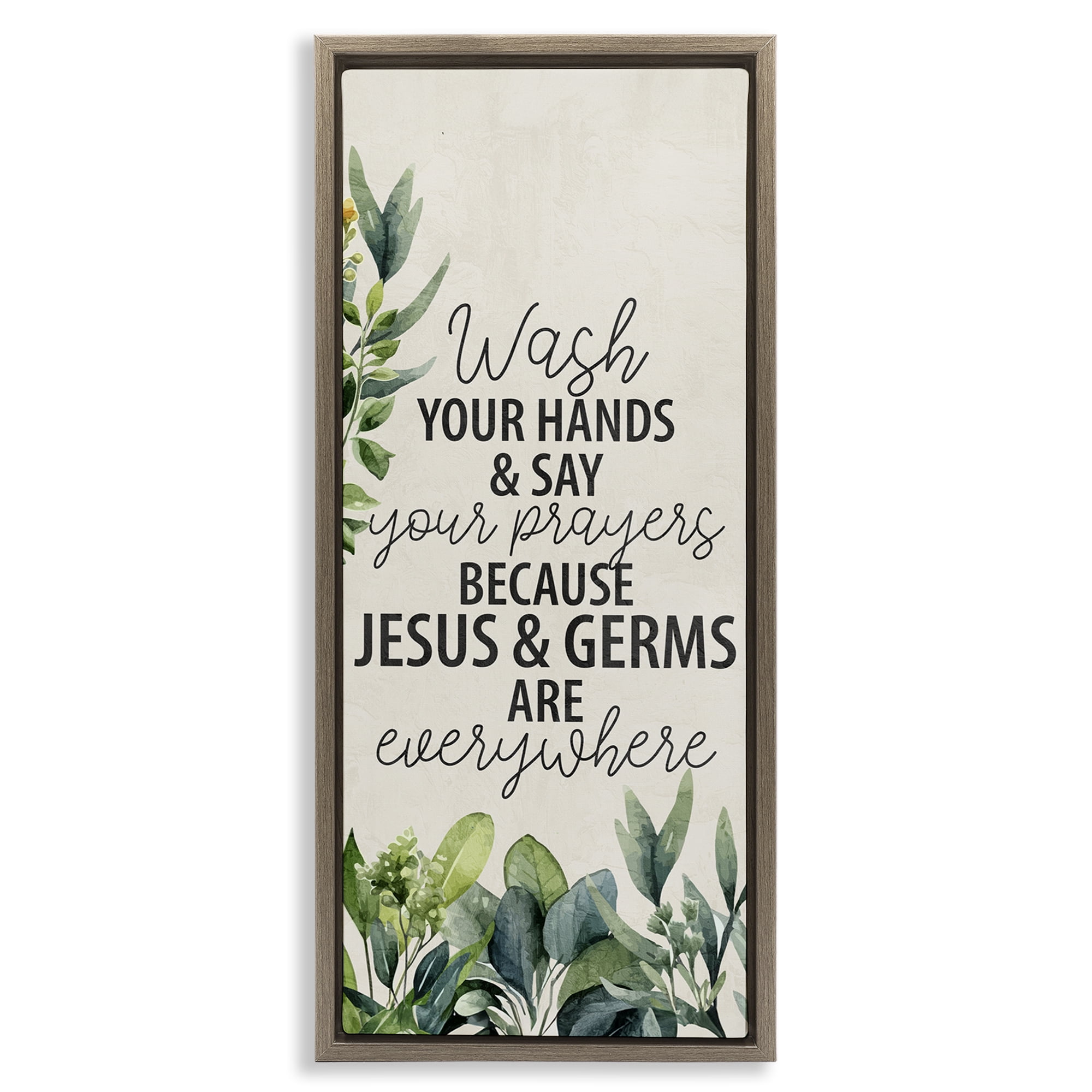 Stupell Industries Jesus & Germs Hygiene Bath & Laundry Painting Brown Floater Framed Canvas Art Print Wall Art, 14 x 31