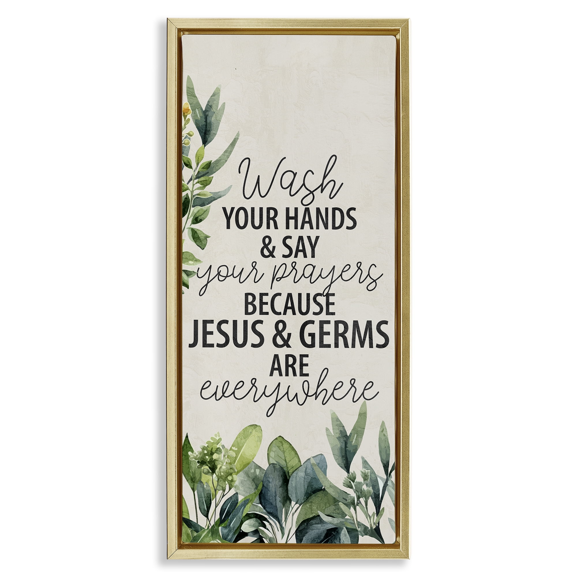 Stupell Industries Jesus & Germs Hygiene Bath & Laundry Painting Gold Floater Framed Canvas Art Print Wall Art, 11 x 25