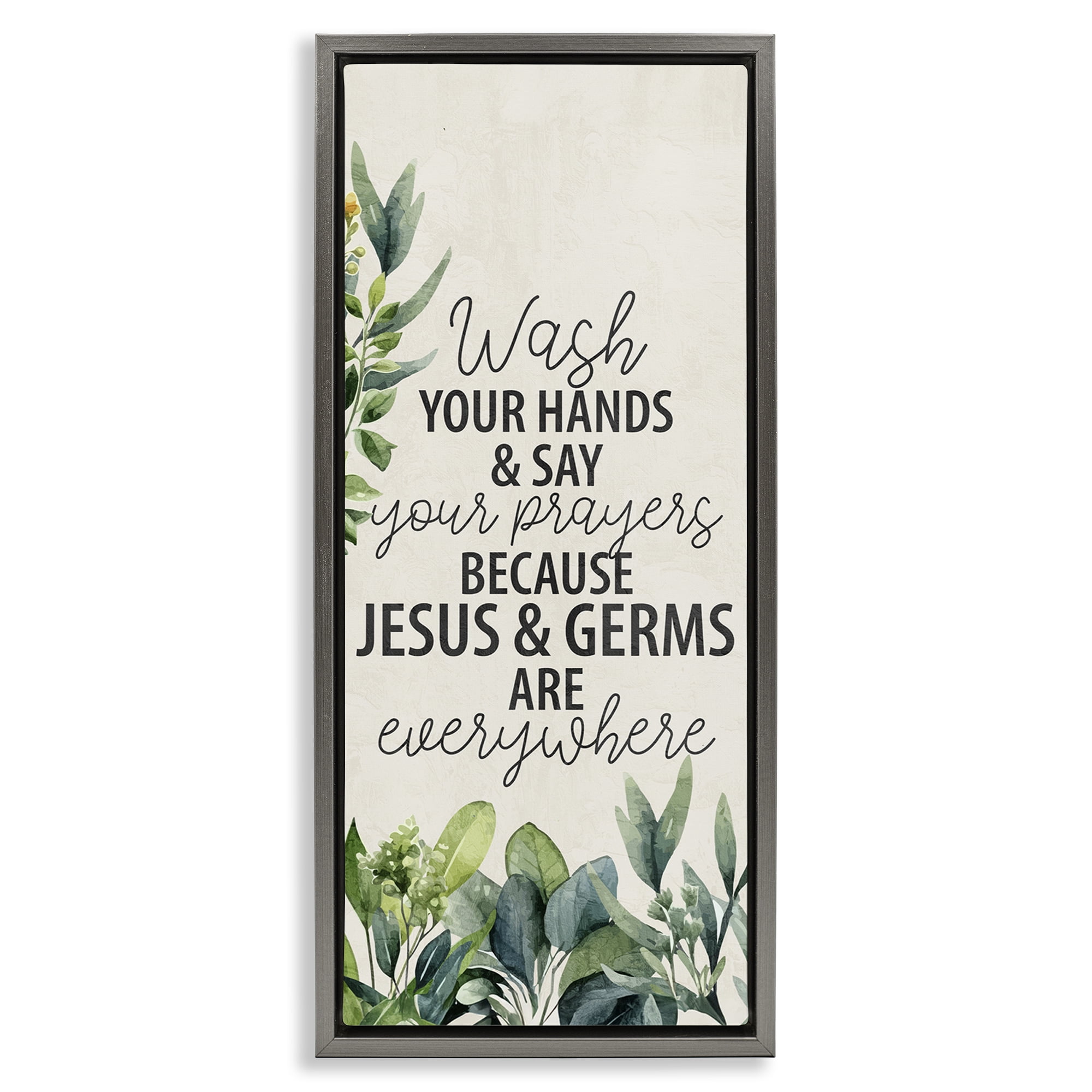 Stupell Industries Jesus & Germs Hygiene Bath & Laundry Painting Gray Floater Framed Canvas Art Print Wall Art, 11 x 25