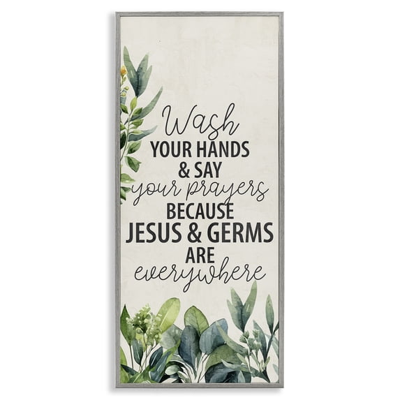 Stupell Industries Jesus & Germs Hygiene Bath & Laundry Painting Gray Framed Art Print Wall Art, 10 x 24