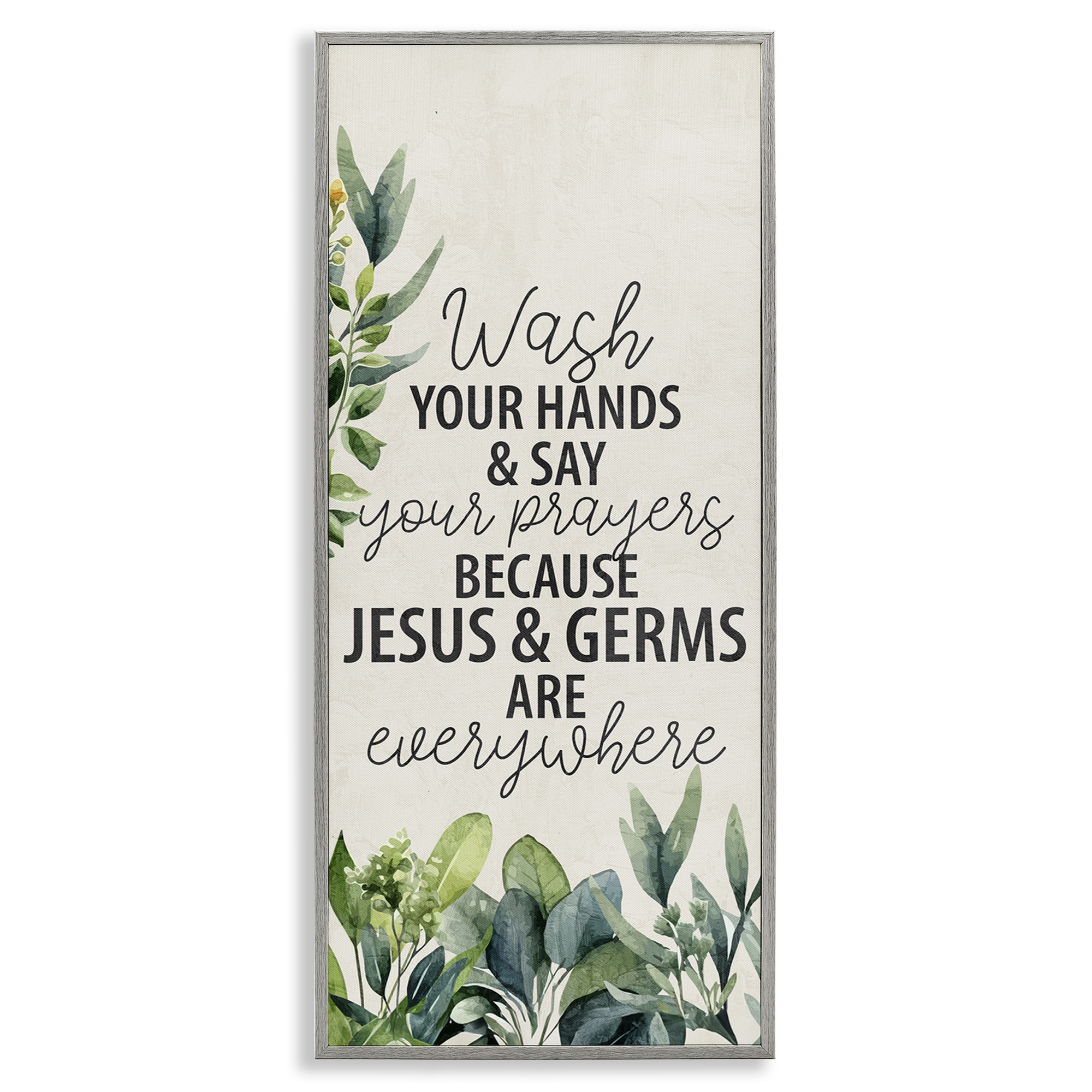 Stupell Industries Jesus & Germs Hygiene Bath & Laundry Painting Gray Framed Art Print Wall Art, 13 x 30