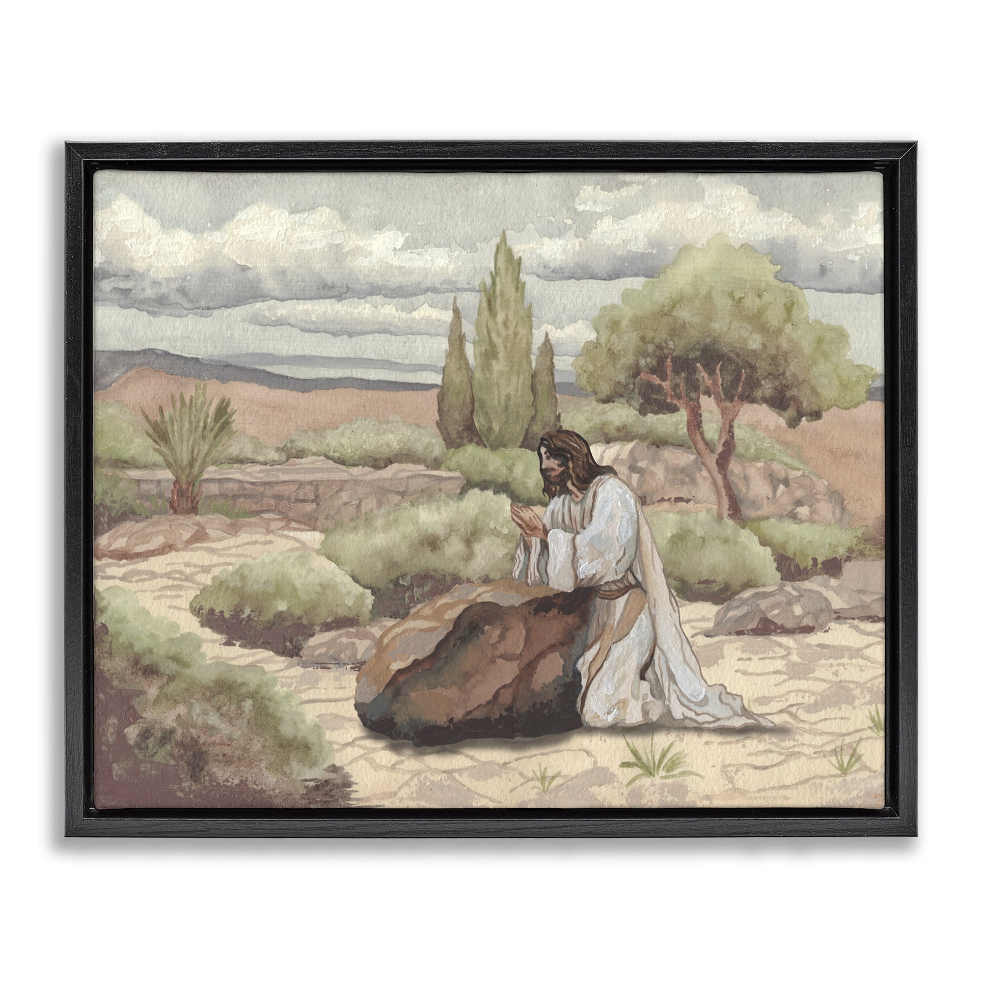 Stupell Industries Jesus Praying Countryside Black Framed Floater Canvas Wall Art, design by Elizabeth Medley