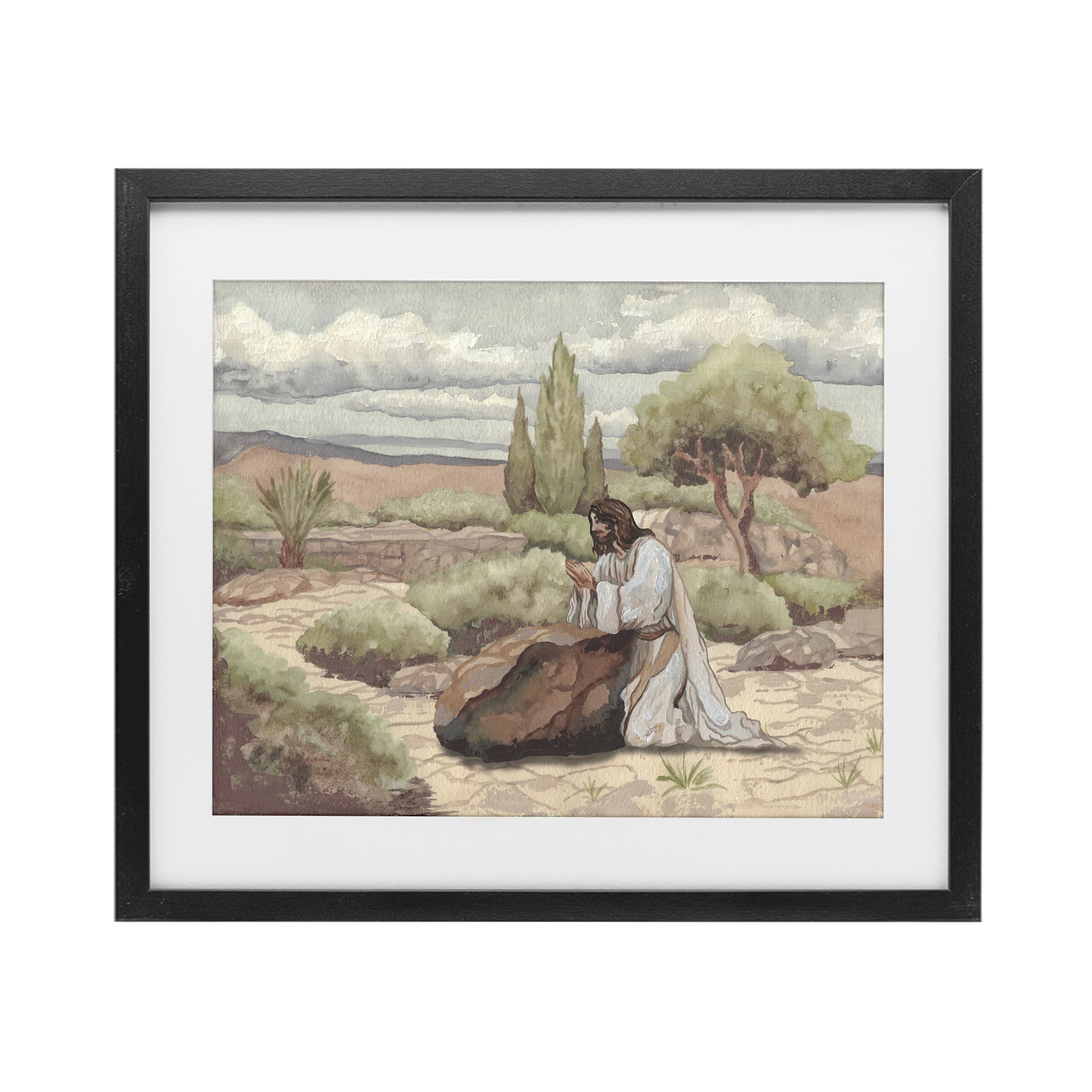 Stupell Industries Jesus Praying Countryside Black Framed Print Under Glass, design by Elizabeth Medley