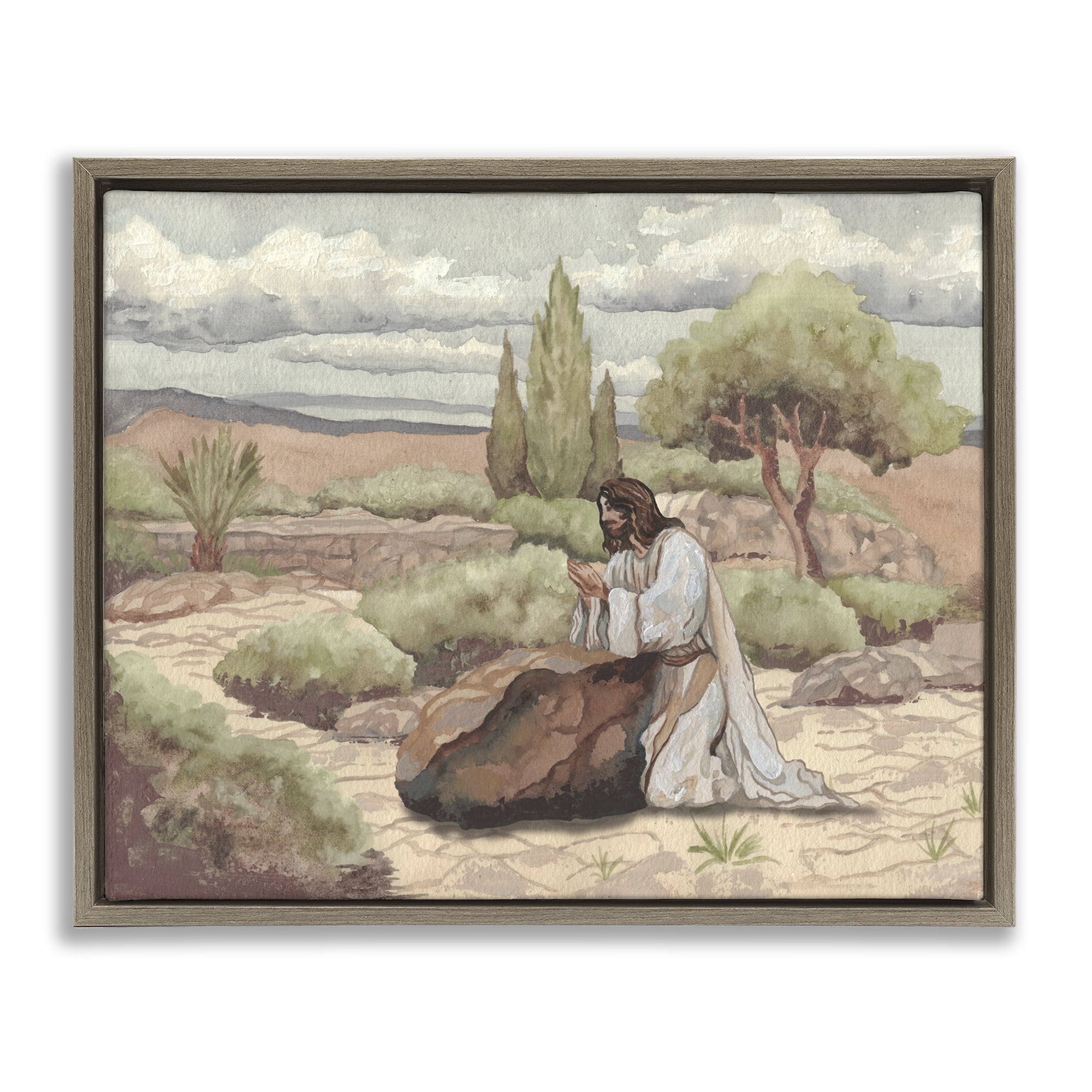 Stupell Industries Jesus Praying Countryside Brown Framed Floater Canvas Wall Art, design by Elizabeth Medley