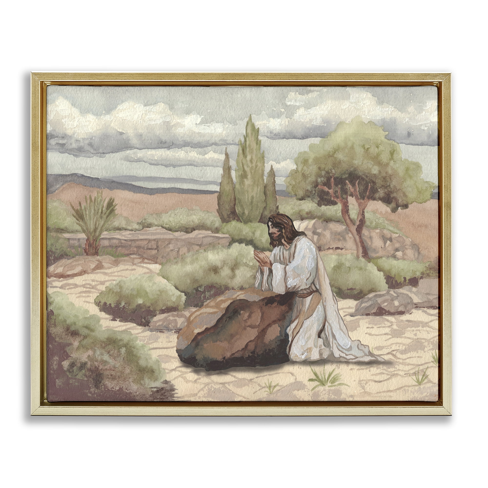Stupell Industries Jesus Praying Countryside Gold Framed Floater Canvas Wall Art, design by Elizabeth Medley