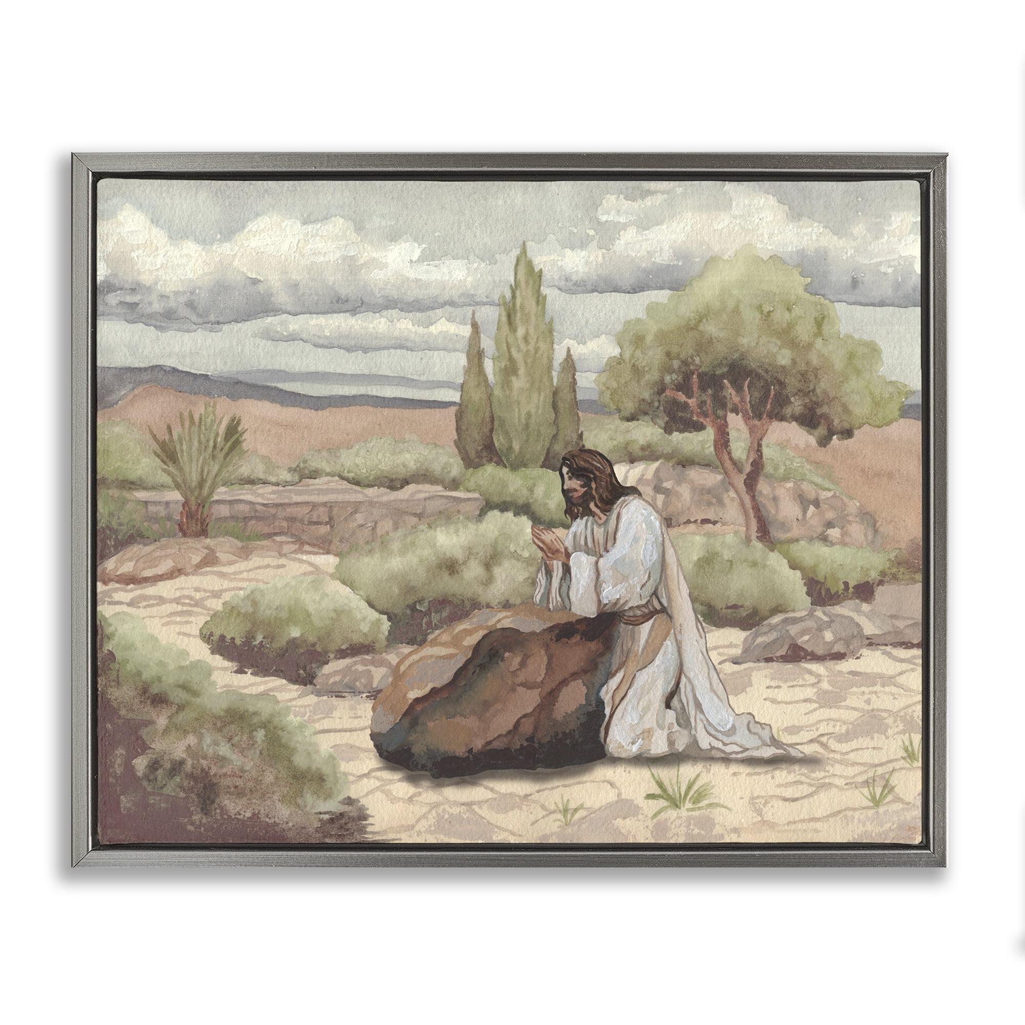 Stupell Industries Jesus Praying Countryside Gray Framed Floater Canvas Wall Art, design by Elizabeth Medley