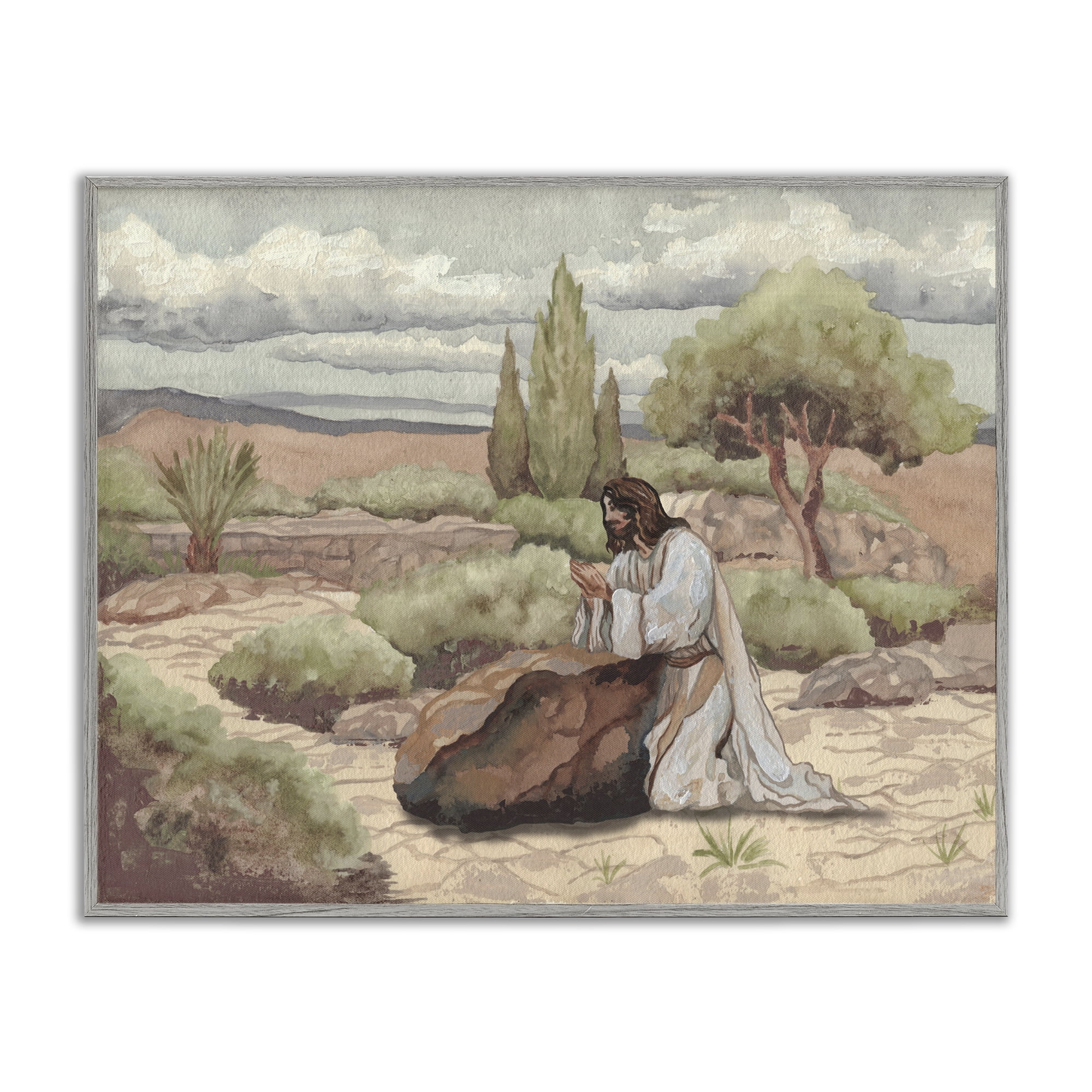 Stupell Industries Jesus Praying Countryside Gray Framed Giclee Art, design by Elizabeth Medley