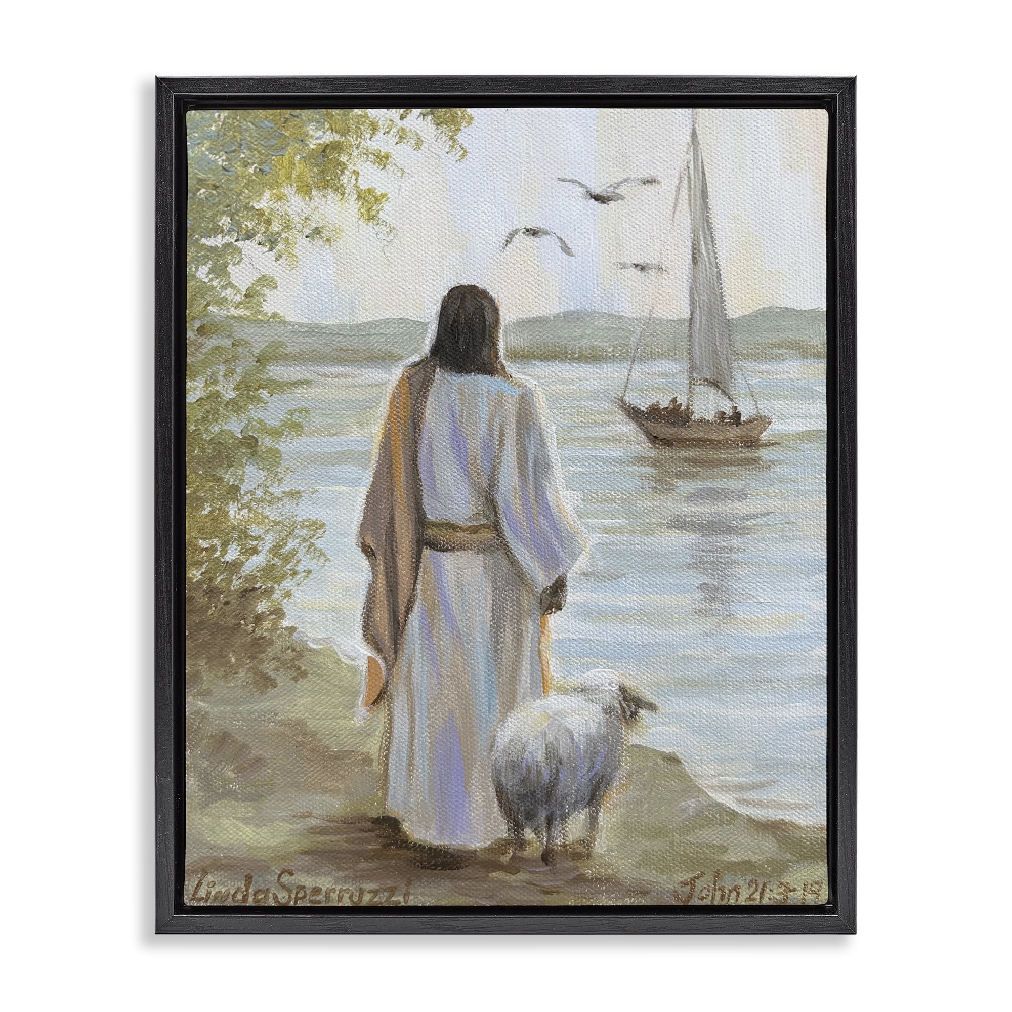 Stupell Industries Jesus Waiting Ashore Black Framed Floater Canvas Wall Art, design by Linda Sperruzzi