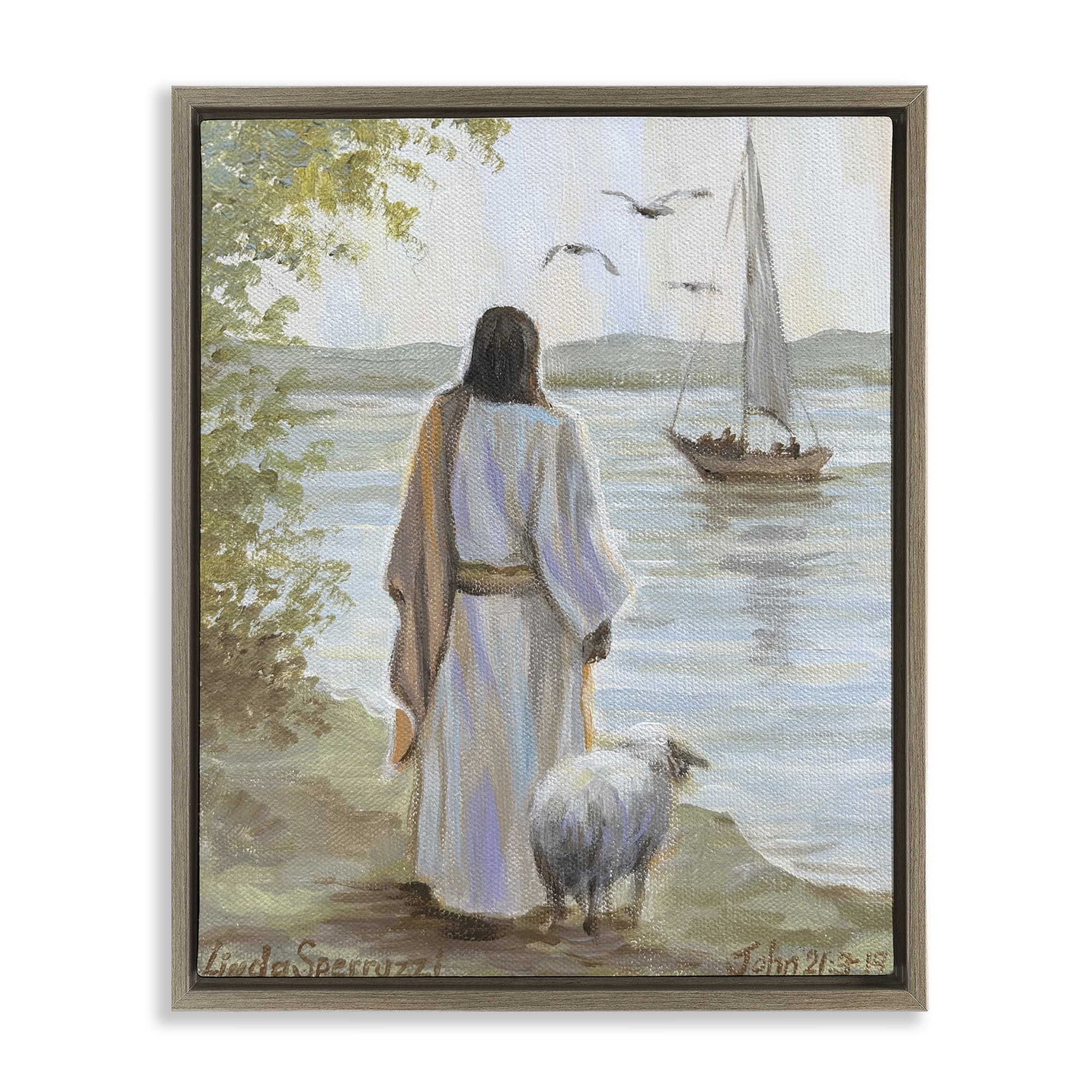 Stupell Industries Jesus Waiting Ashore Brown Framed Floater Canvas Wall Art, design by Linda Sperruzzi