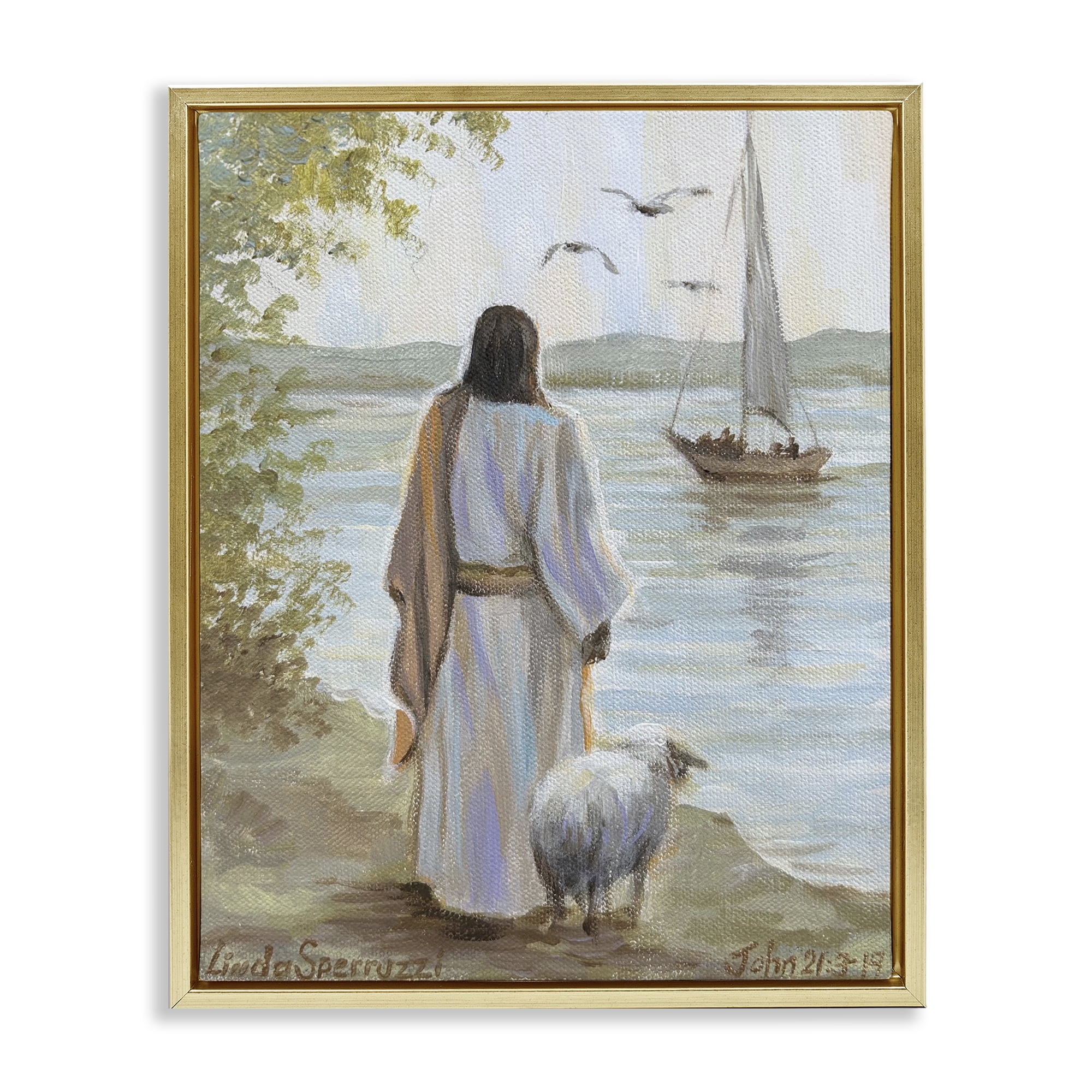 Stupell Industries Jesus Waiting Ashore Gold Framed Floater Canvas Wall Art, design by Linda Sperruzzi