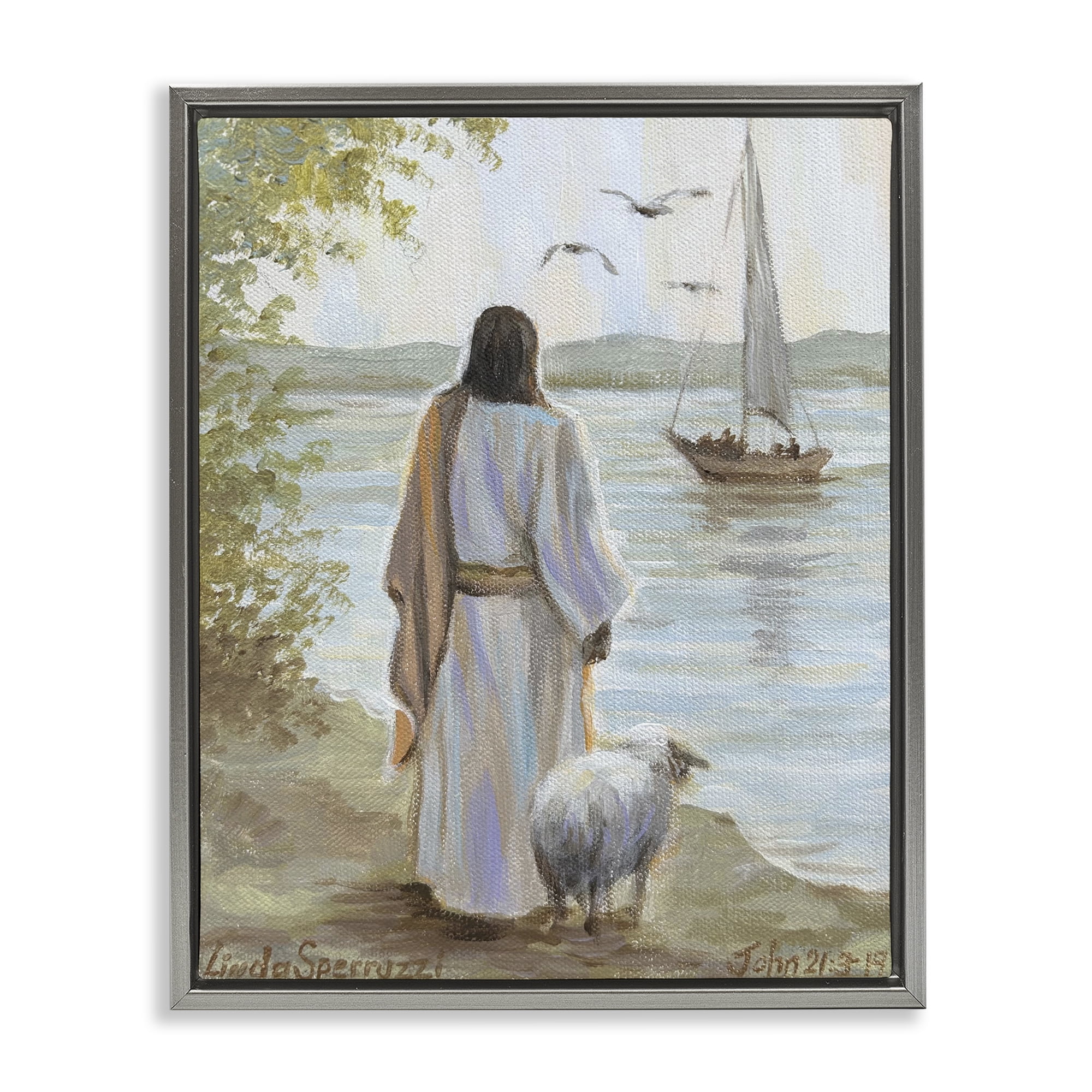 Stupell Industries Jesus Waiting Ashore Gray Framed Floater Canvas Wall Art, design by Linda Sperruzzi