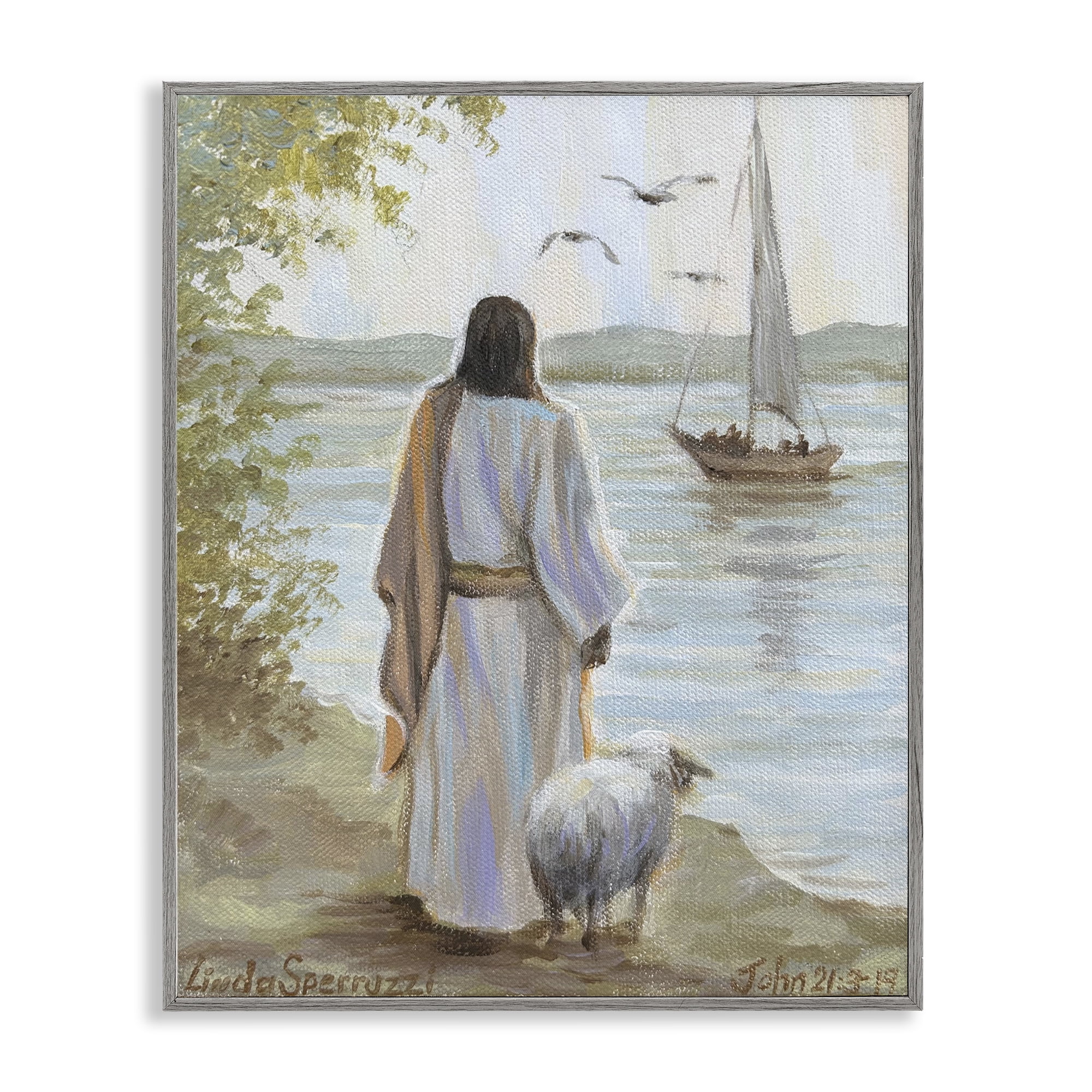 Stupell Industries Jesus Waiting Ashore Gray Framed Giclee Art, design by Linda Sperruzzi