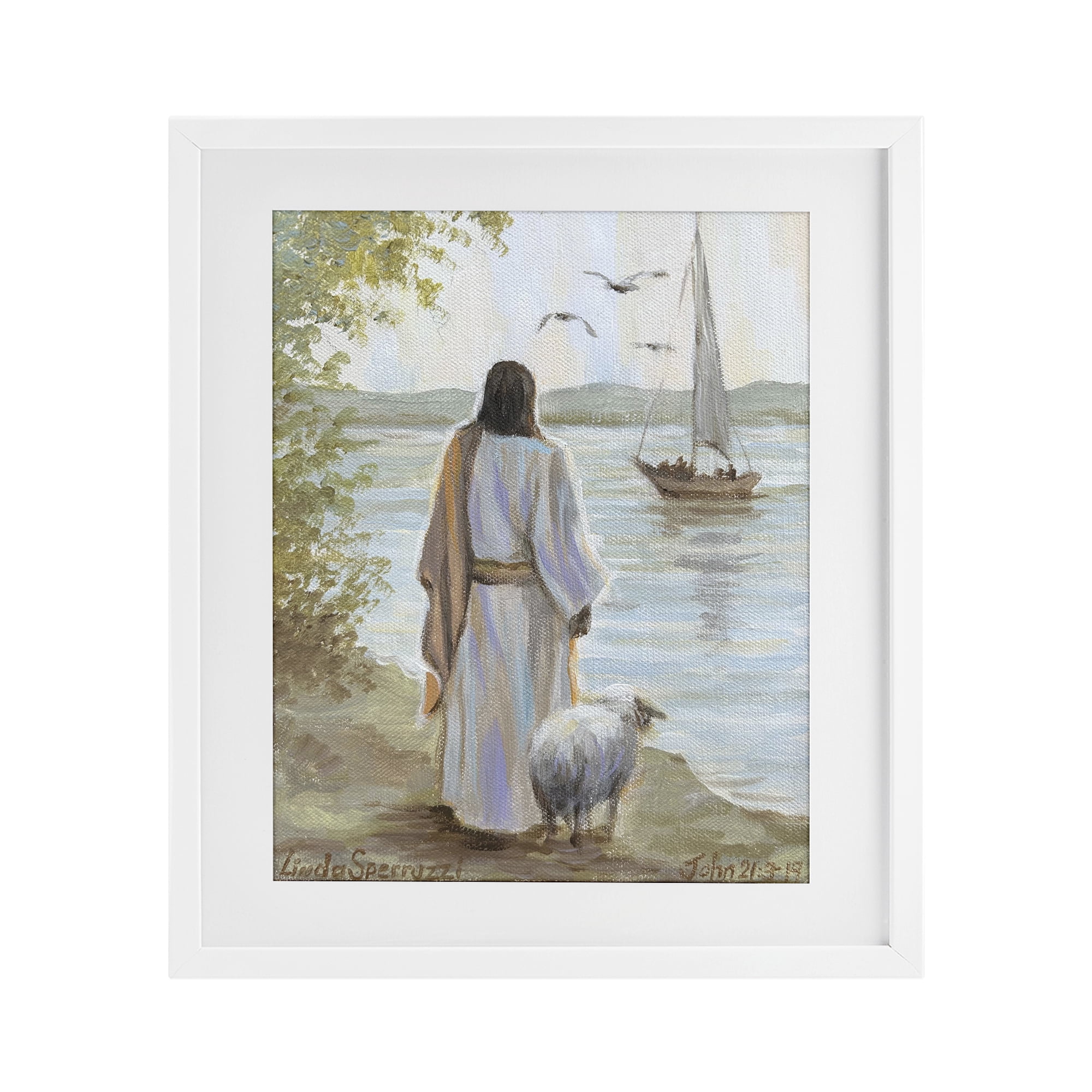Stupell Industries Jesus Waiting Ashore White Framed Print Under Glass, design by Linda Sperruzzi