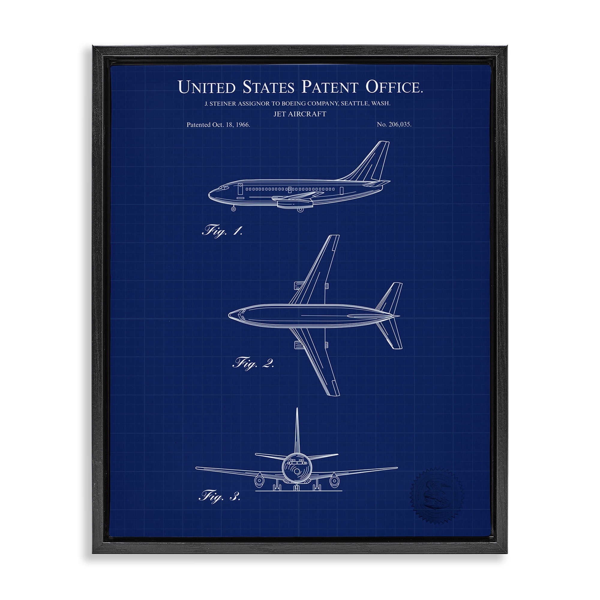Stupell Industries Jet Aircraft Blueprint Transportation Painting Black Floater Framed Art Print Wall Art, 17 x 21
