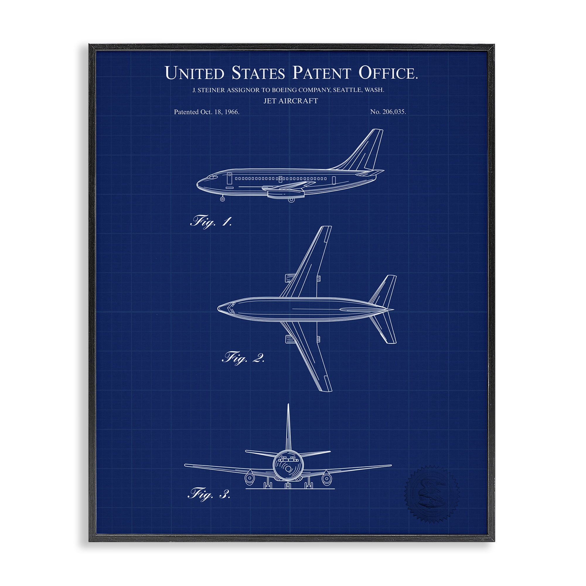 Stupell Industries Jet Aircraft Blueprint Transportation Painting Black Framed Art Print Wall Art, 16 x 20