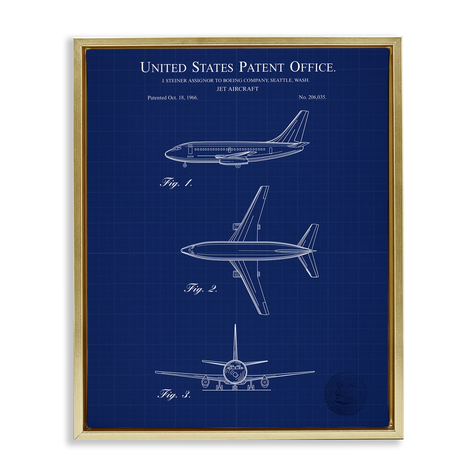 Stupell Industries Jet Aircraft Blueprint Transportation Painting Gold Floater Framed Art Print Wall Art, 17 x 21