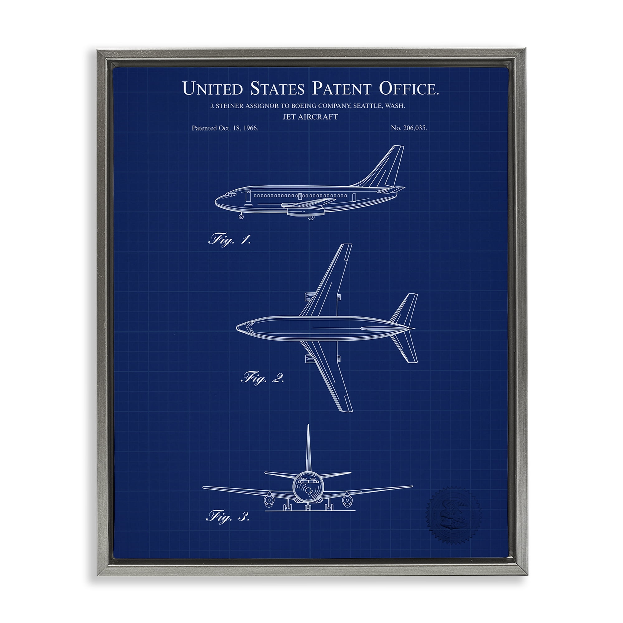 Stupell Industries Jet Aircraft Blueprint Transportation Painting Gray Floater Framed Art Print Wall Art, 25 x 31