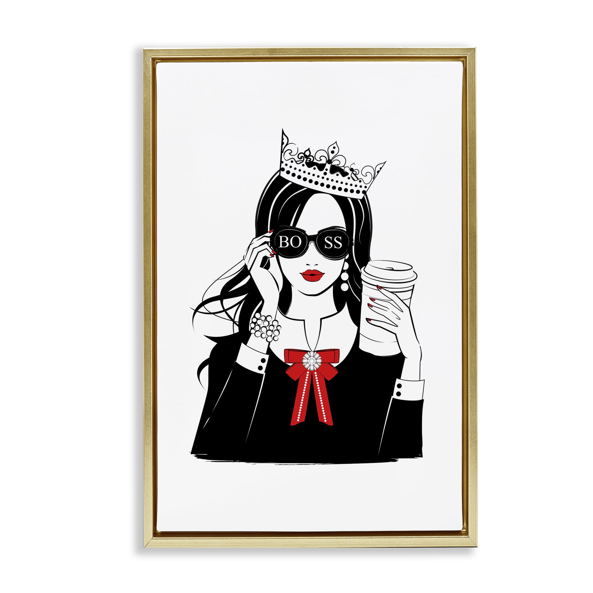 Stupell Industries Jeweled Girl Boss Novelty Painting Gold Floater Framed Art Print Wall Art, 17 x 25