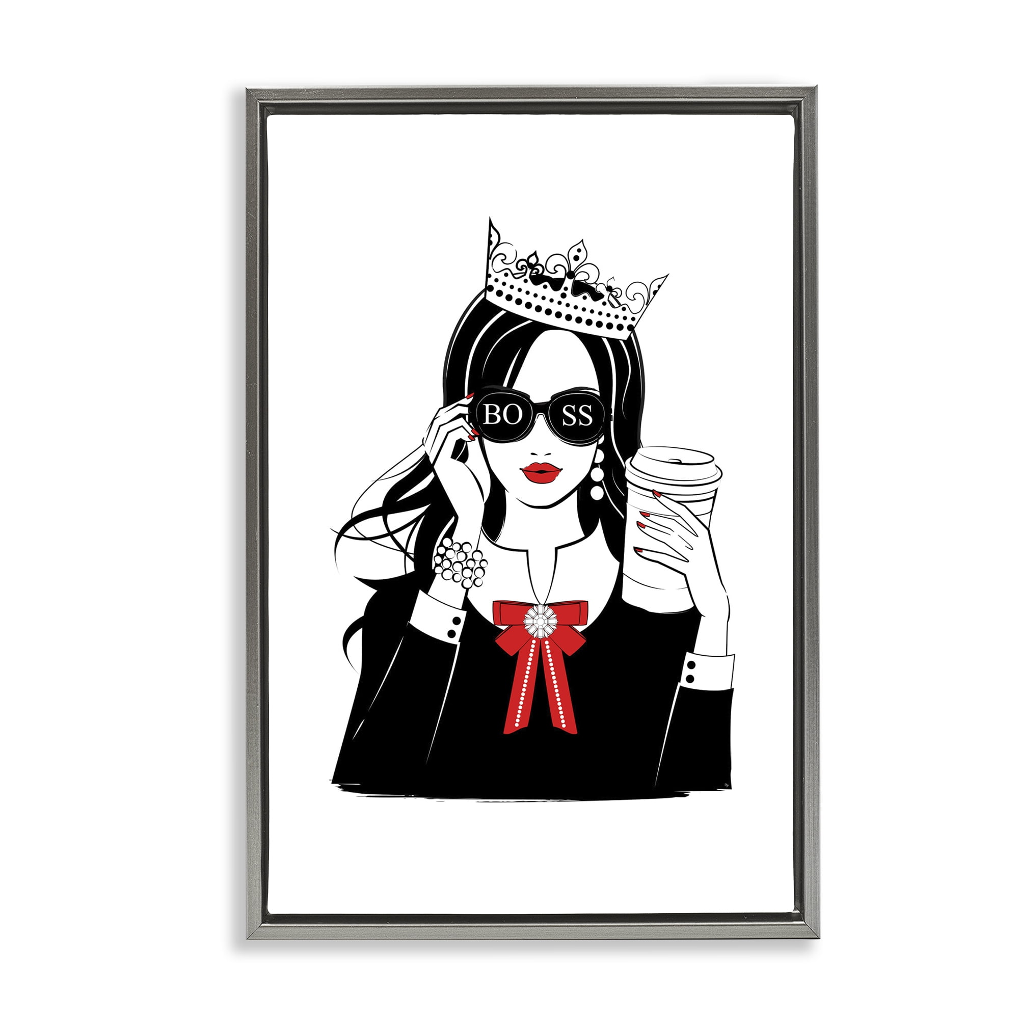 Stupell Industries Jeweled Girl Boss Novelty Painting Gray Floater Framed Art Print Wall Art, 17 x 25