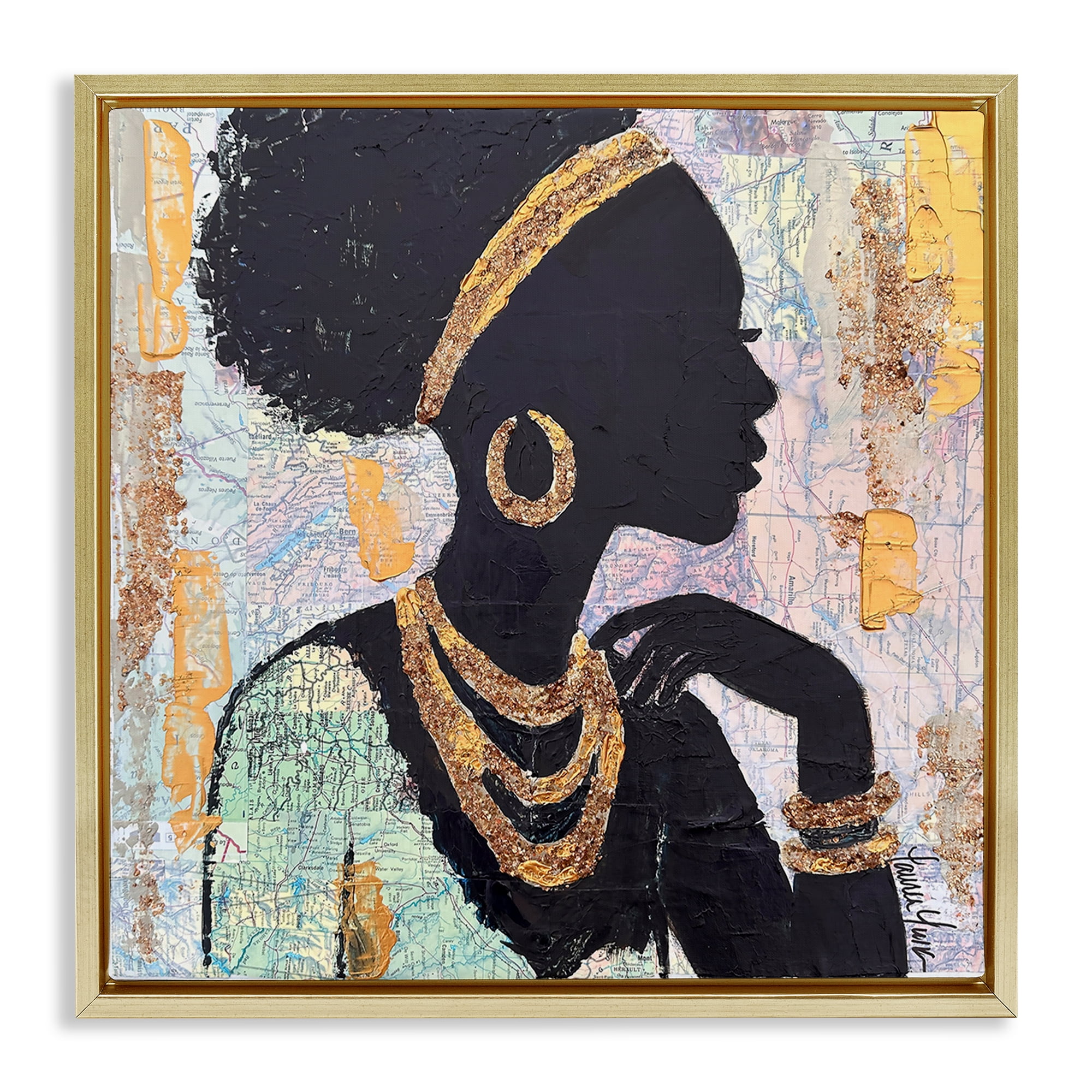 Stupell Industries Jewelry Clad Girl Silhouette Gold Framed Floater Canvas Wall Art, design by Lauren Luna