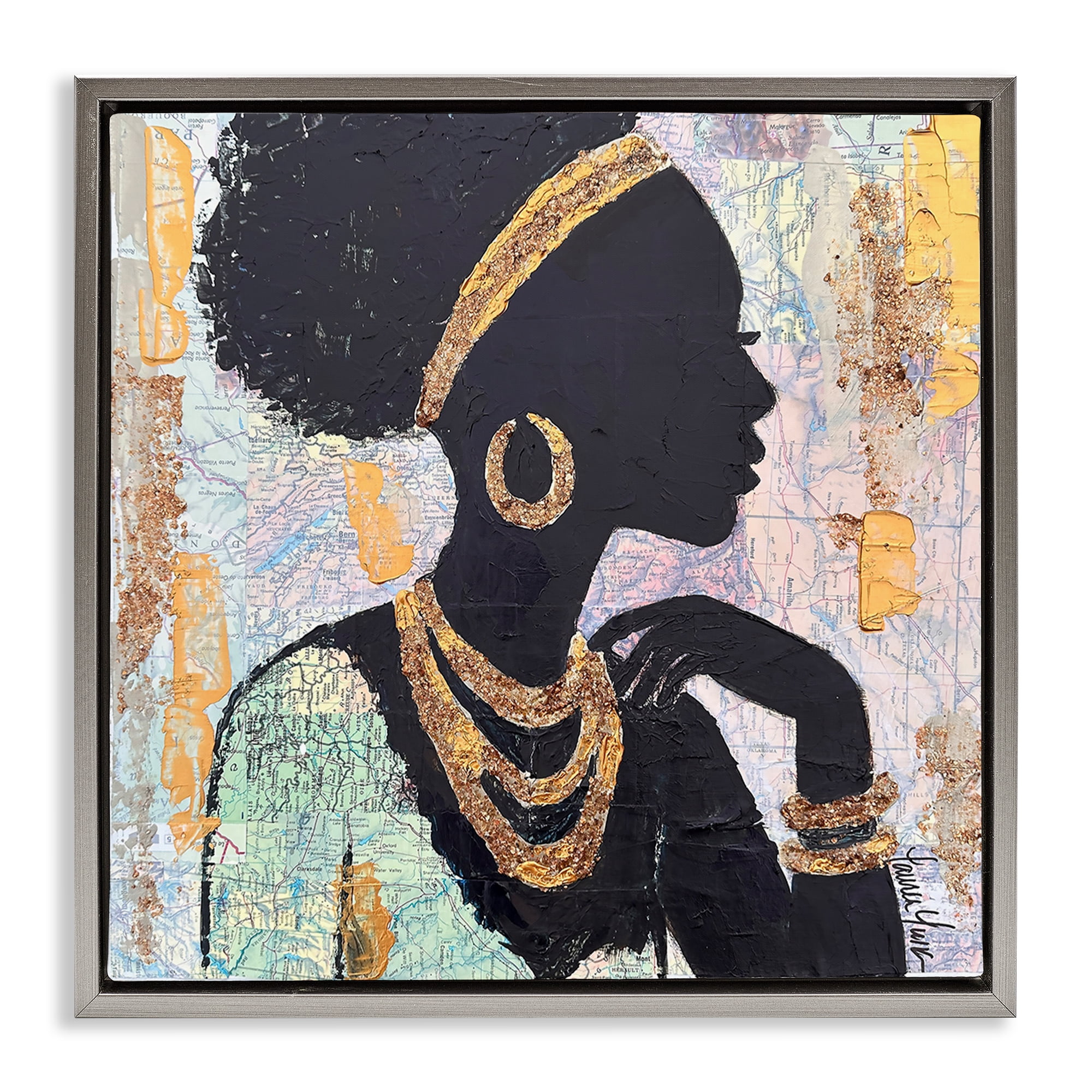 Stupell Industries Jewelry Clad Girl Silhouette Gray Framed Floater Canvas Wall Art, design by Lauren Luna