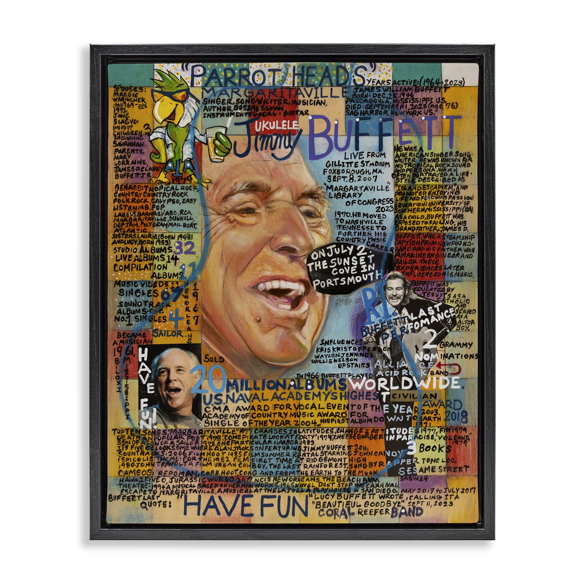 Stupell Industries Jimmy Buffet Collage People Drawing Black Floater Framed Canvas Art Print Wall Art, 17 x 21