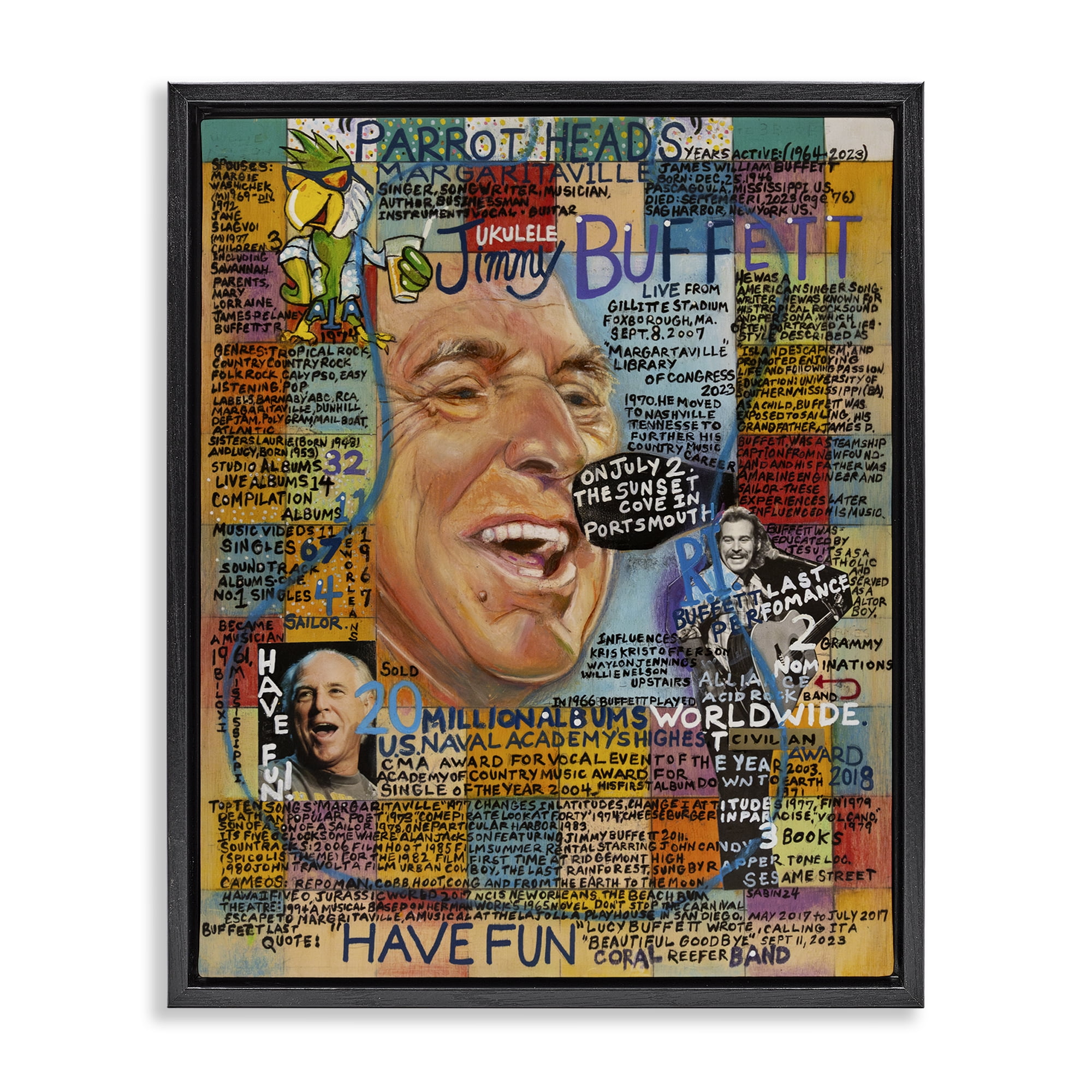 Stupell Industries Jimmy Buffet Collage People Drawing Black Floater Framed Canvas Art Print Wall Art, 25 x 31