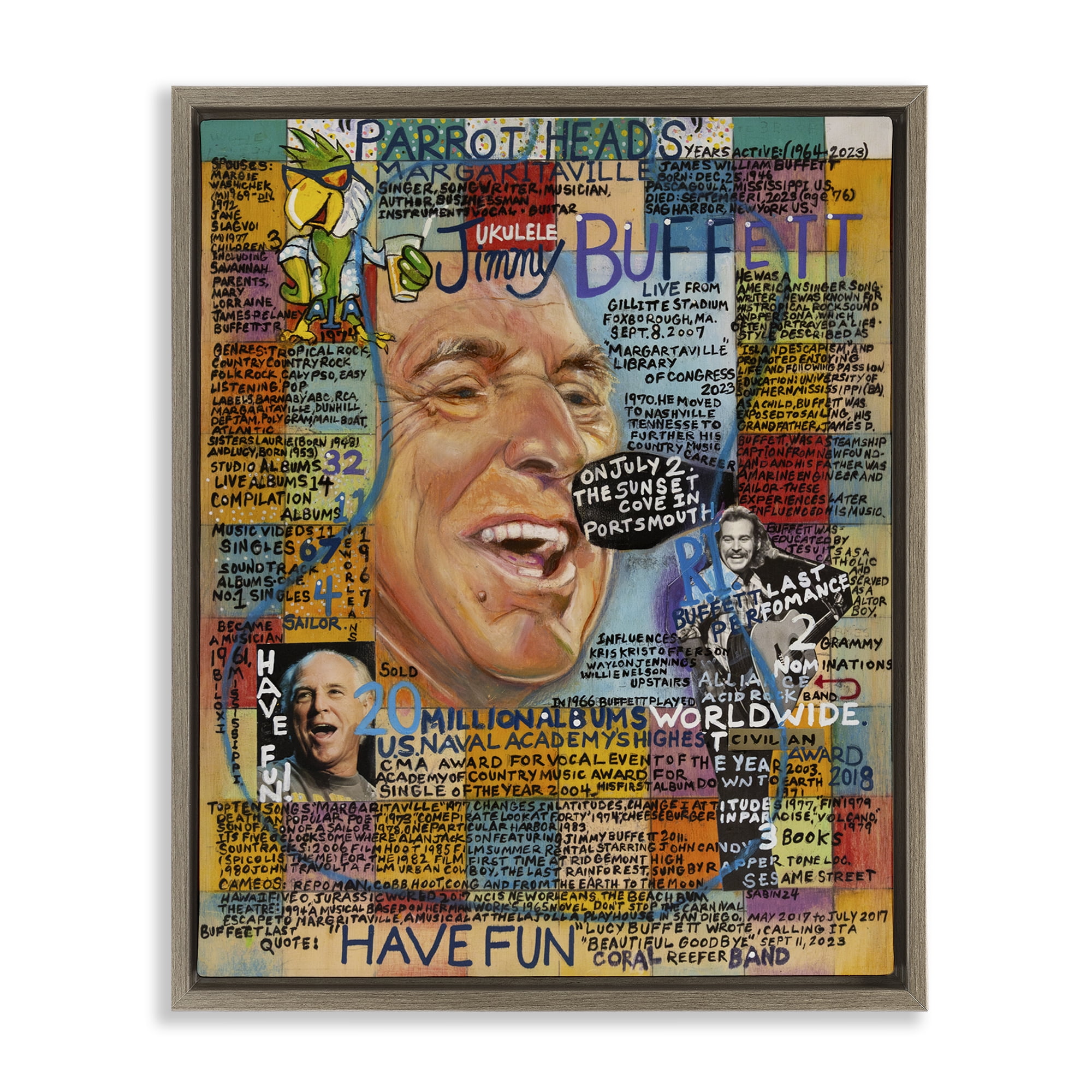 Stupell Industries Jimmy Buffet Collage People Drawing Brown Floater Framed Canvas Art Print Wall Art, 25 x 31