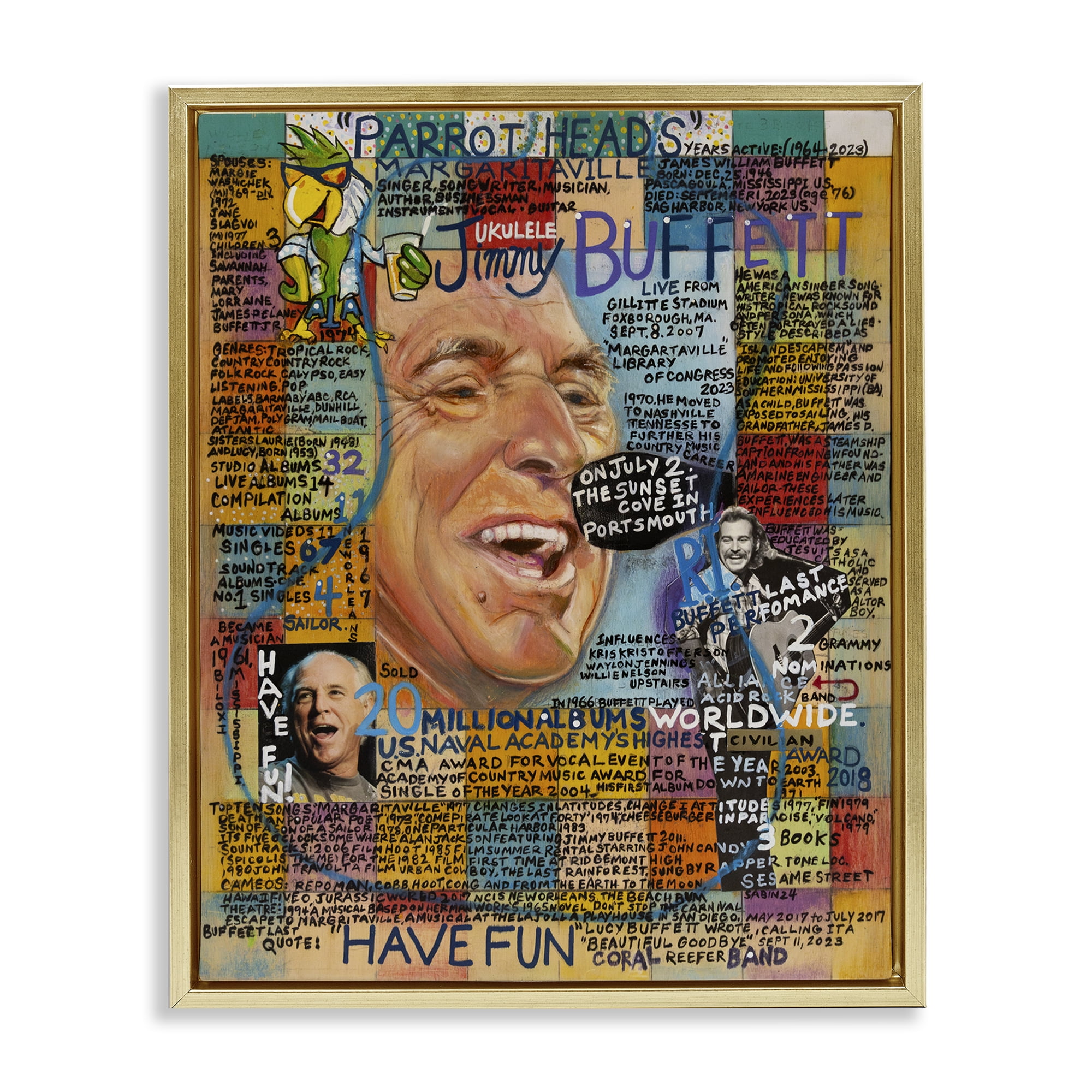 Stupell Industries Jimmy Buffet Collage People Drawing Gold Floater Framed Canvas Art Print Wall Art, 25 x 31