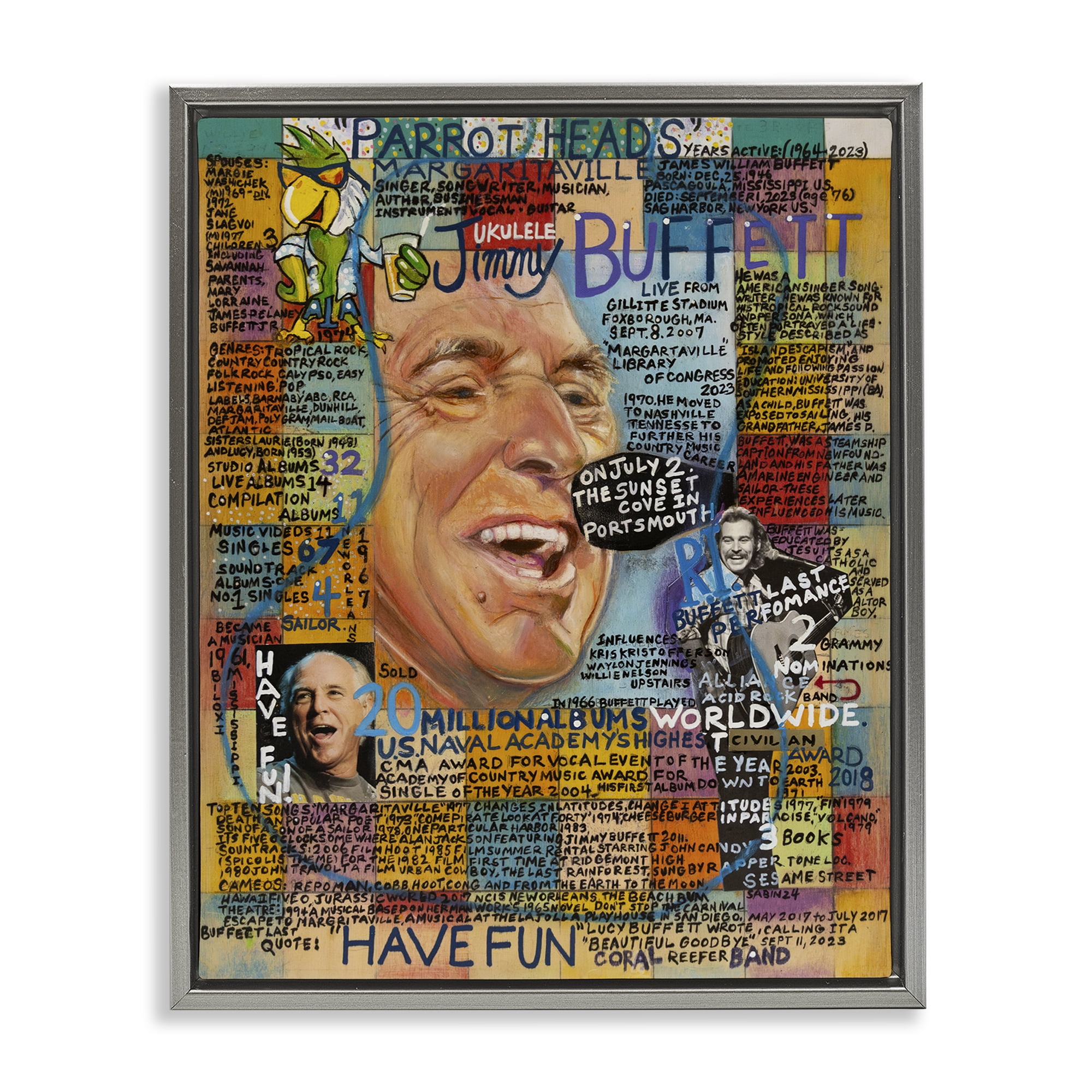 Stupell Industries Jimmy Buffet Collage People Drawing Gray Floater Framed Canvas Art Print Wall Art, 25 x 31