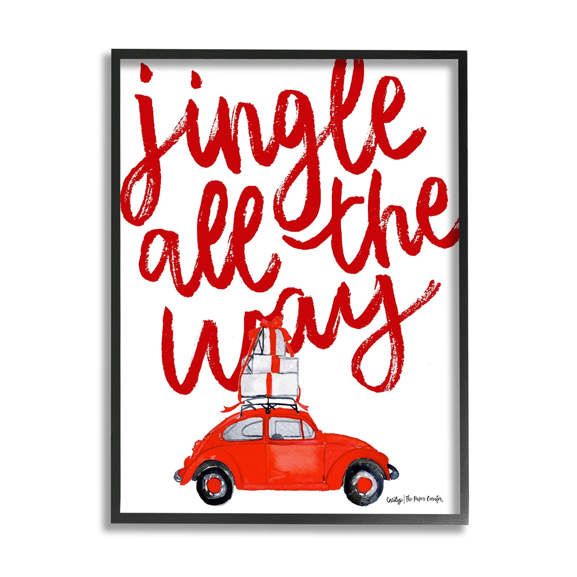 Stupell Industries Jingle All The Way Holiday Gifts Red Car Driving Graphic Art Black Framed Art Print Wall Art, Design by Cecily Moore