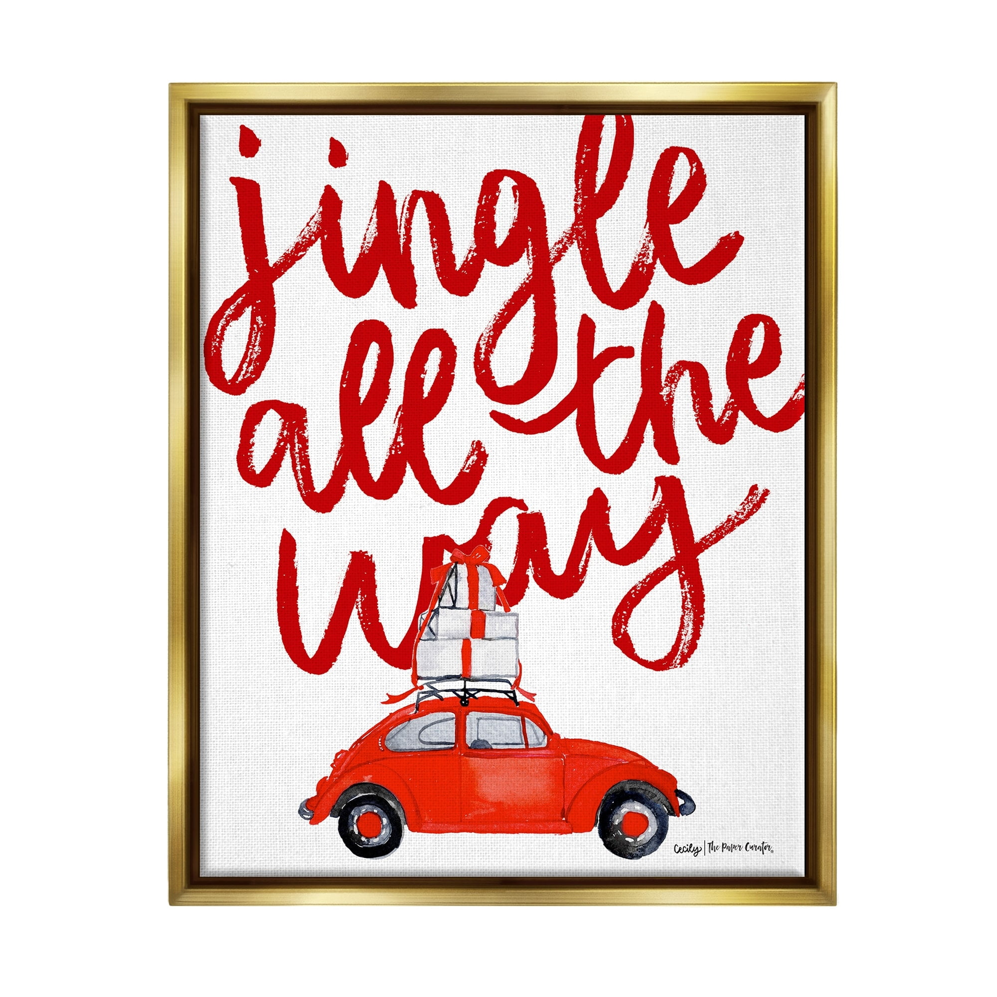 Stupell Industries Jingle All The Way Holiday Gifts Red Car Driving Graphic Art Metallic Gold Floating Framed Canvas Print Wall Art, Design by Cecily Moore