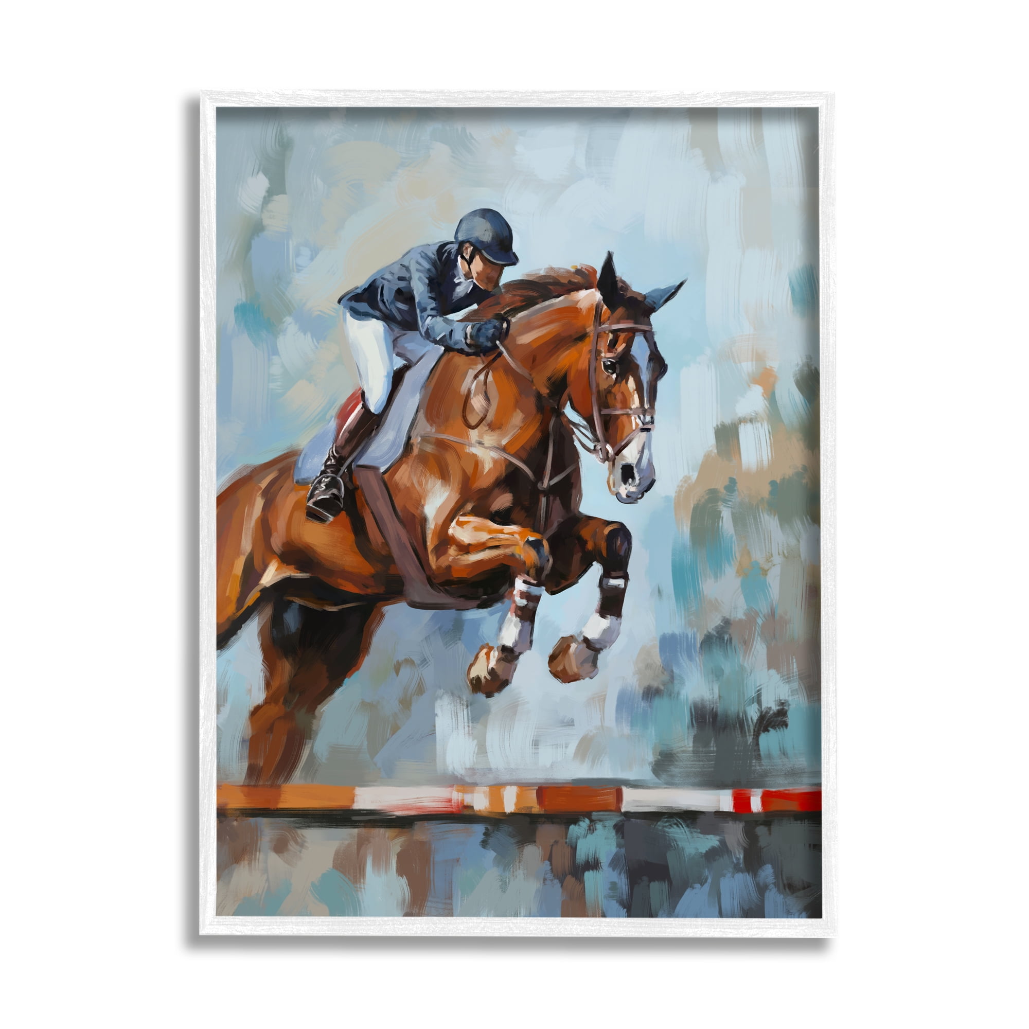 Stupell Industries Jockey Jumping Hurdle Animals & Insects Painting White Framed Art Print Wall Art, 24 x 30