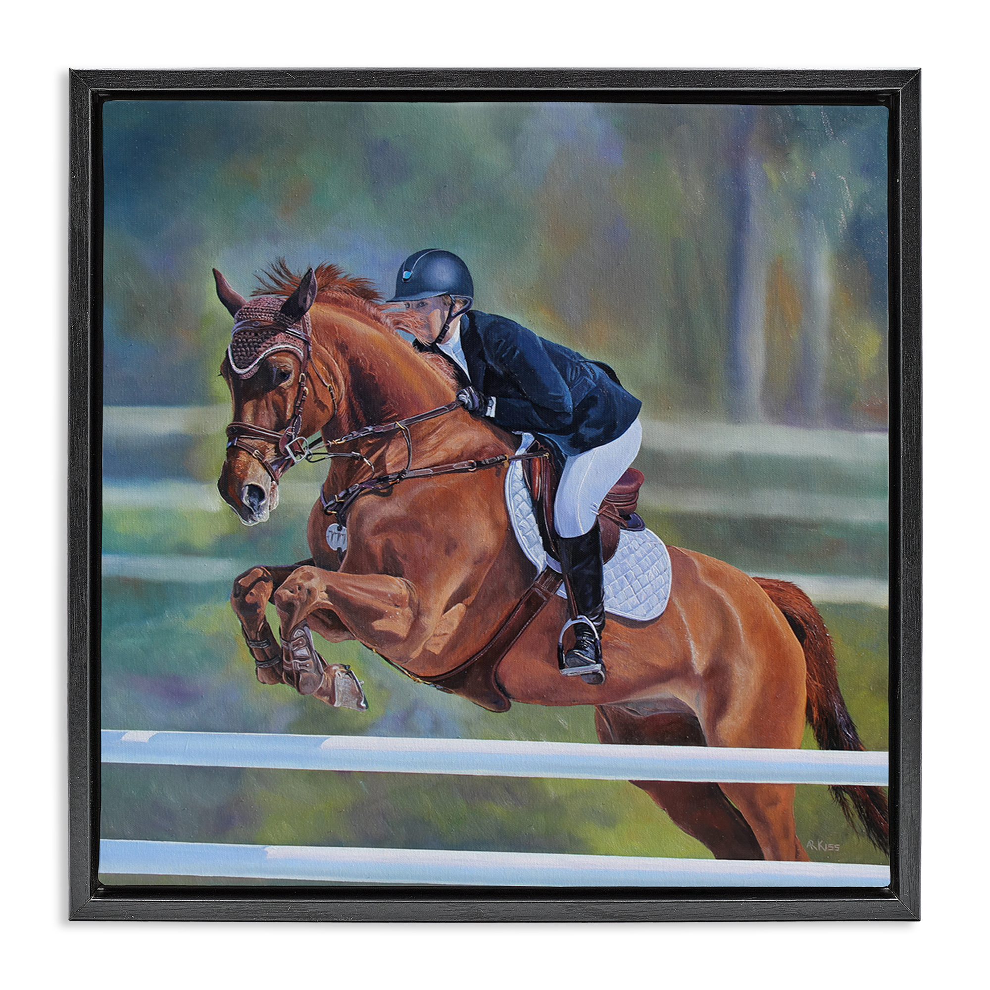 Stupell Industries Jockey Jumping Hurdles Sports Painting Black Floater Framed Canvas Art Print Wall Art, 18 x 18